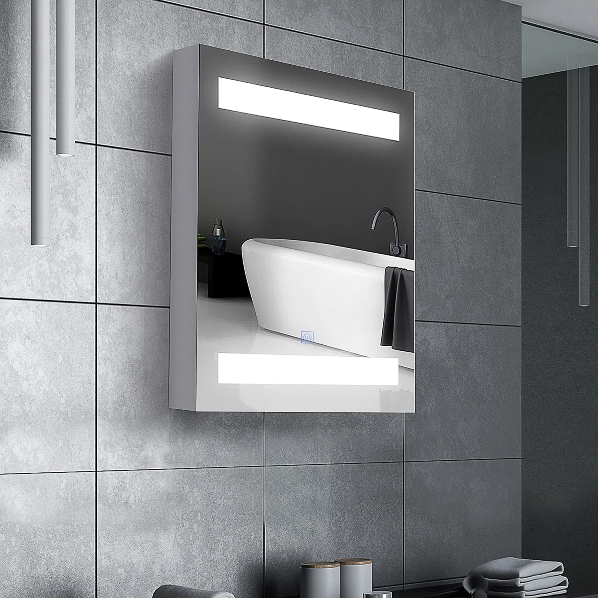 HOMCOM Armario de Baño con Espejo y Luz LED Mueble Espejo de Pared con 2 Estantes de Almacenamiento e Interruptor Táctil para Dormitorio Aseo 50x15x60 cm Blanco