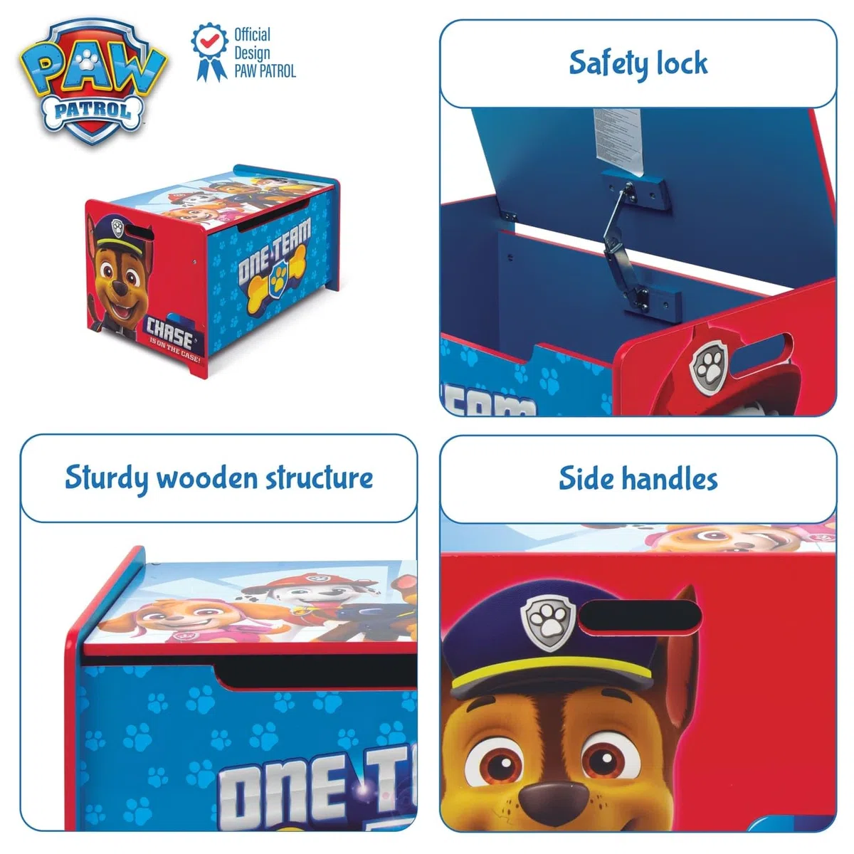 ARDITEX - Banco juguetero de madera de La Patrulla Canina (de Nickelodeon) - 62.5x40x37cm - Color azul - Ideal para almacenar juguetes, ropa o cosas en un dormitorio infantil