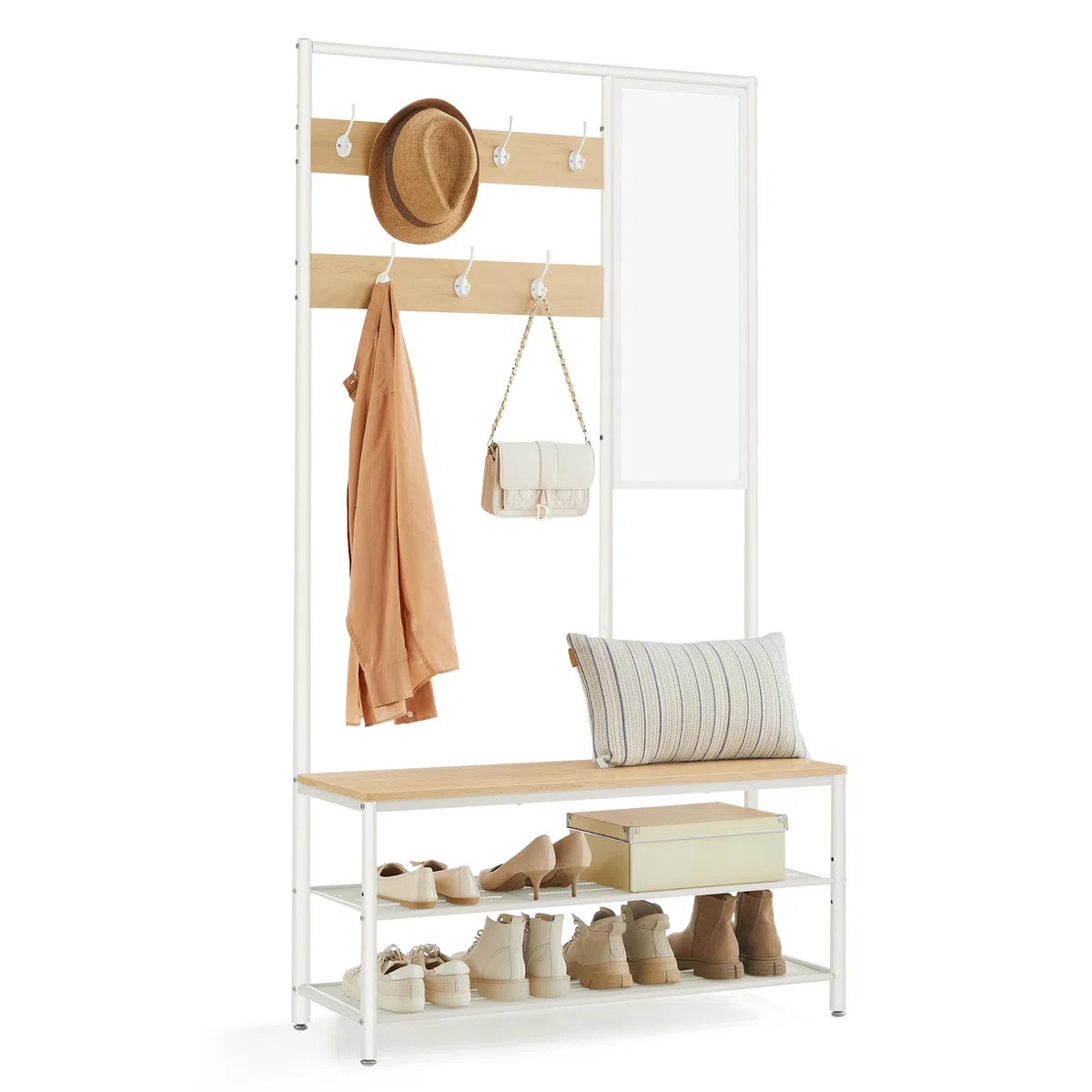 VASAGLE Perchero Zapatero, Perchero Recibidor con Ganchos, Espejo, Banco Zapatero y Estantes, 35 x 98 x 180 cm, Pasillo Dormitorio Salón, Moderno, Roble y Blanco Nube HSR415W09
