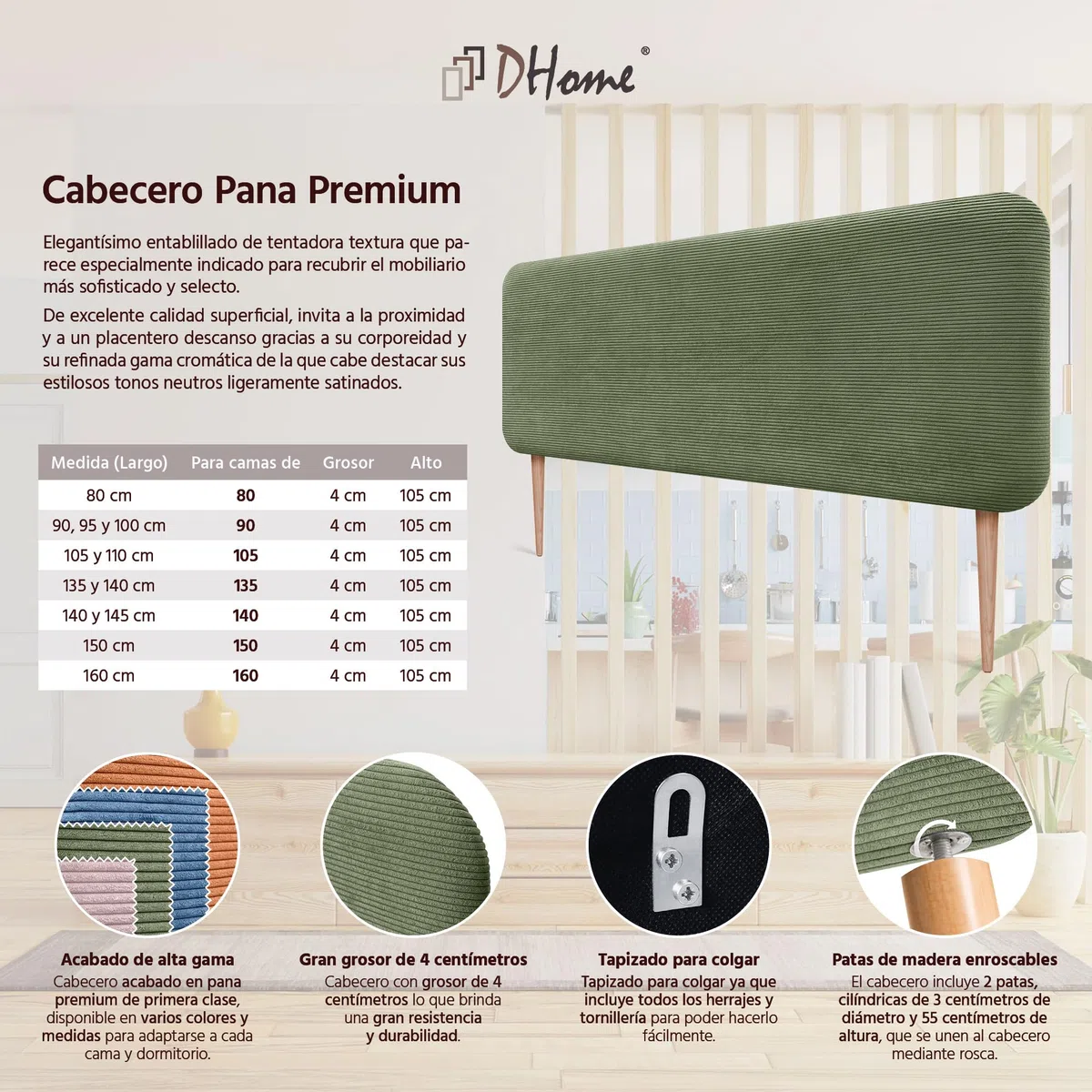 DHOME Cabecero Tapizado Liso Redondeado Pana Premium con Patas para Pared Acústicos Cabeceros Absorbentes Cabezal Cama Dormitorio (Verde Selva, 160cm)