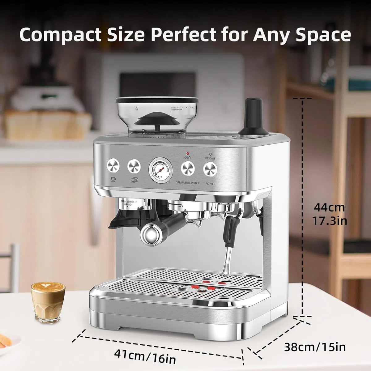 Garvee Cafetera Italiana Automática con Molinillo Integrado – 15 Bares y Control PID – Espresso Profesional en Casa con Boquilla de Vapor, Depósito 2,3L, Acero Inoxidable, Plateado