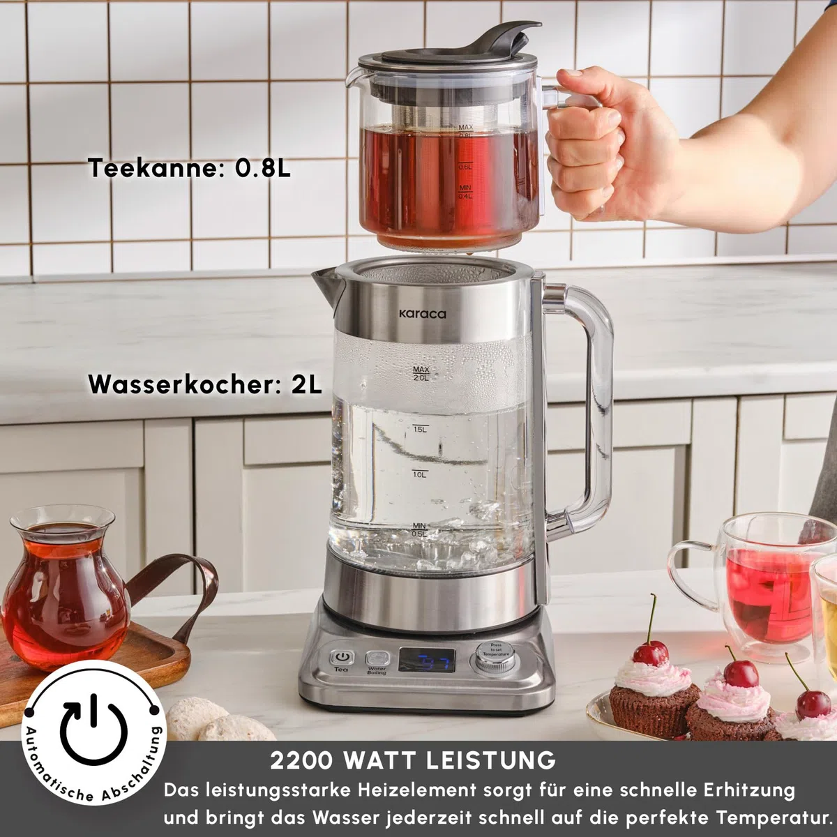 Karaca X Refika XL Tetera automática & Caydanlik, hervidor de agua de 2 L y tetera de cristal de 0,8 l, multitemperatura, modo ecológico, 2200 W, tetera para familia e invitados, cromo