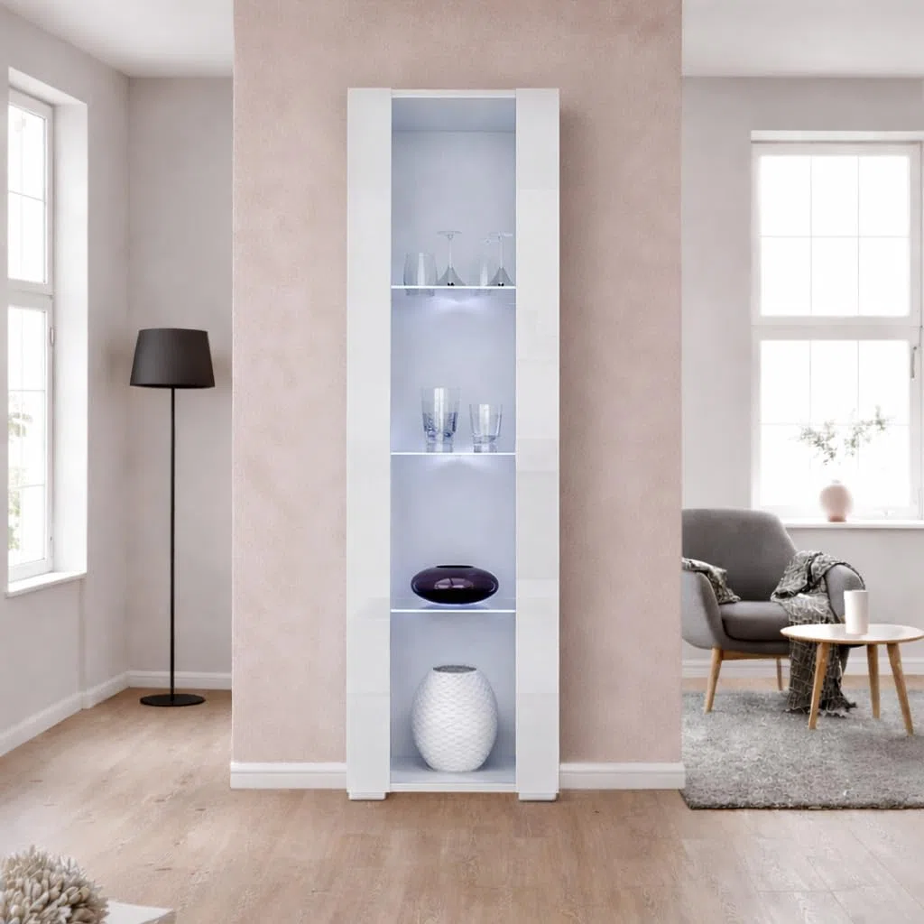 MB Muebles Bonitos Vitrina de Salón Moderna Tipo Columna con Iluminación LED Azul, Estantería Estrecha de 4 Compartimentos, Acabado Blanco Brillo, 172x40x29 cm, Modelo Nora V5
