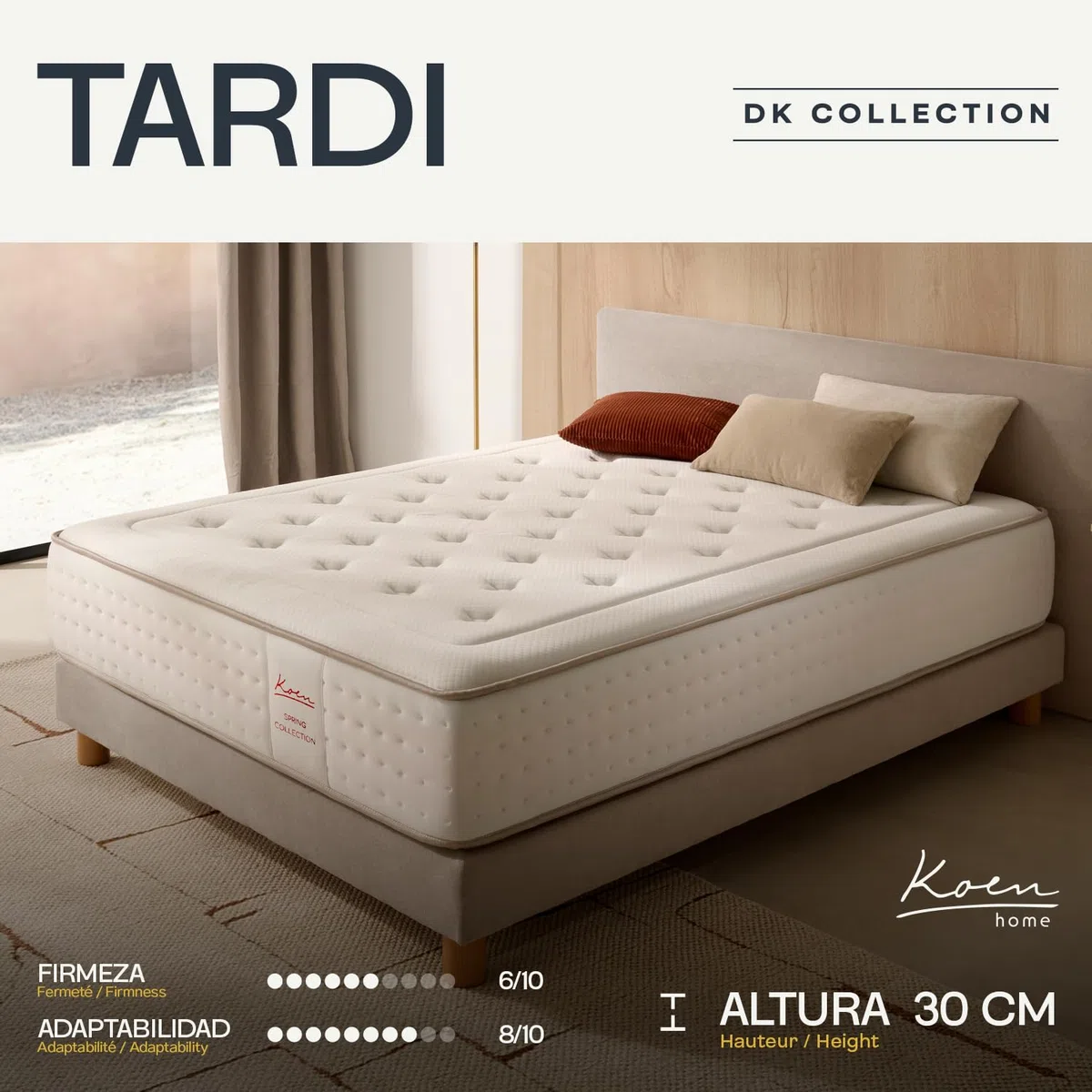 Colchón de muelles ensacados 135x190 cm Tardi - Altura +/- 30 cm - Firmeza Media/Alta - Tecnología híbrida con Espuma viscoelástica - Acogida progresiva y adaptabilidad única - 100% Transpirable