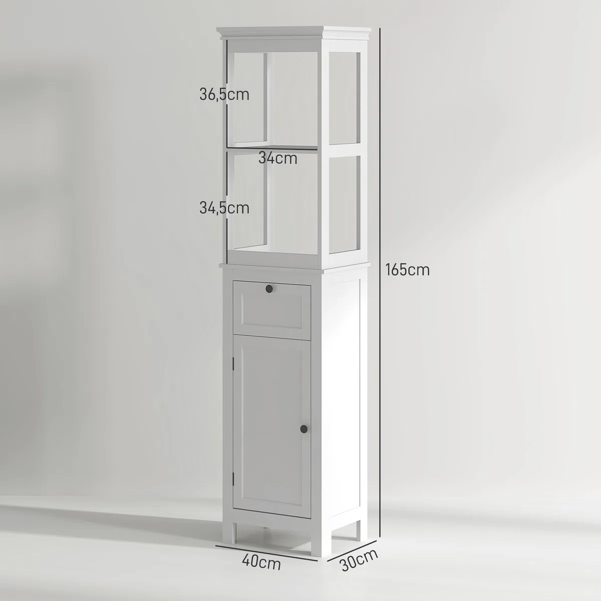 HOMCOM Columna de Baño Armario de Baño 40x30x165 cm con Cajón Puerta Estante Ajustable y 2 Compartimientos Estilo Moderno Blanco