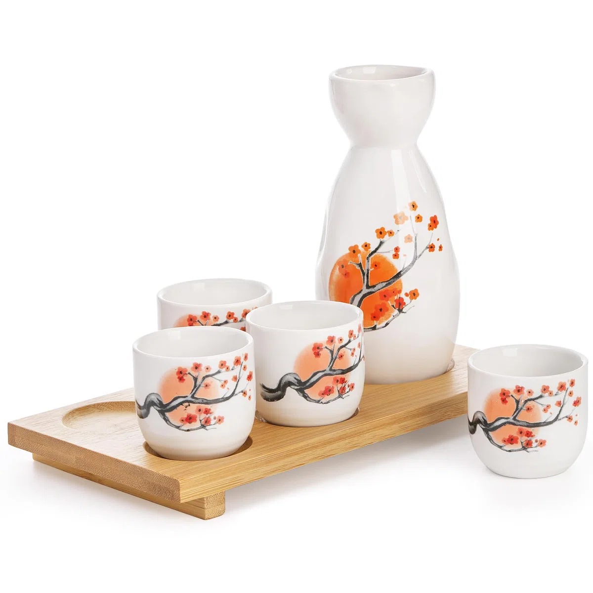 Tosnail Juego de sake japonés de cerámica, 1 jarra para servir, 4 tazas de sake y 1 bandeja de bambú, flor de naranja
