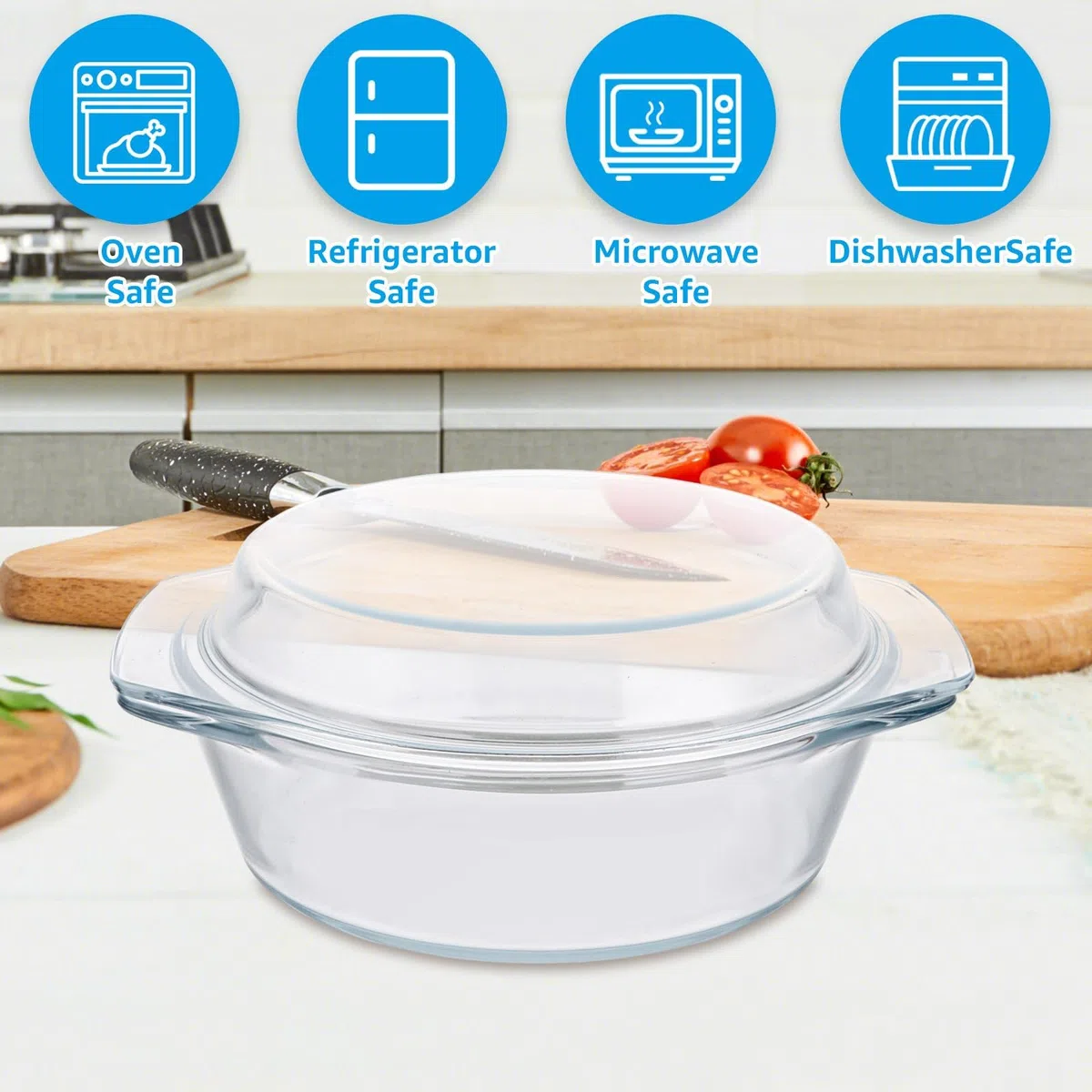YAYODS 3 fuentes de cristal con tapa, 650/1000/1400 ml, redondas, para microondas con tapa redonda, apta para horno, con asas para ensalada de frutas, carne, microondas, horno