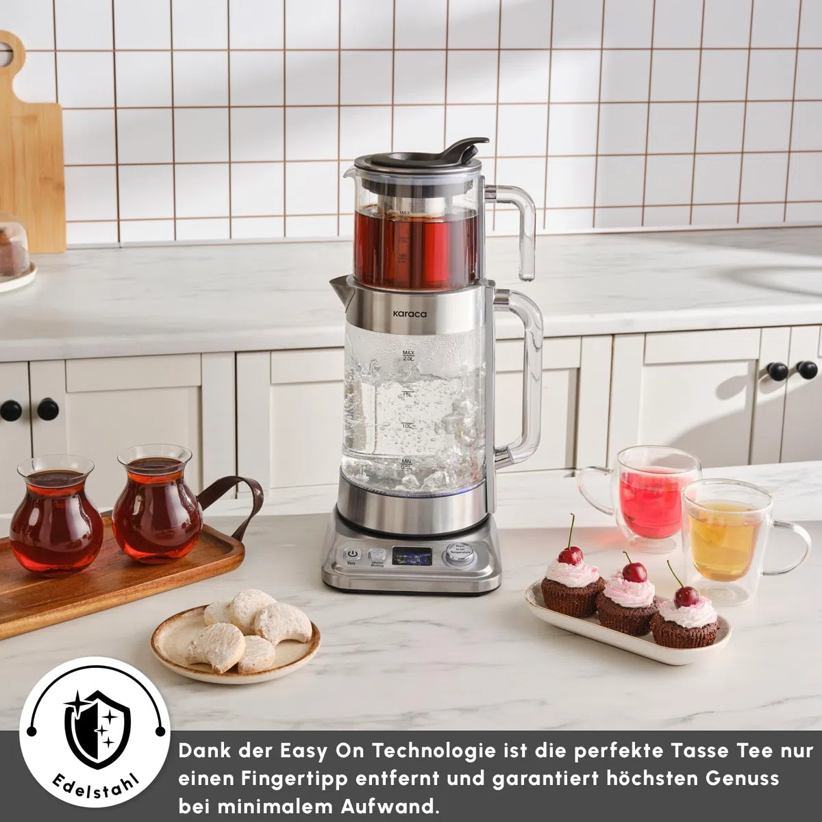 Karaca X Refika XL Tetera automática & Caydanlik, hervidor de agua de 2 L y tetera de cristal de 0,8 l, multitemperatura, modo ecológico, 2200 W, tetera para familia e invitados, cromo