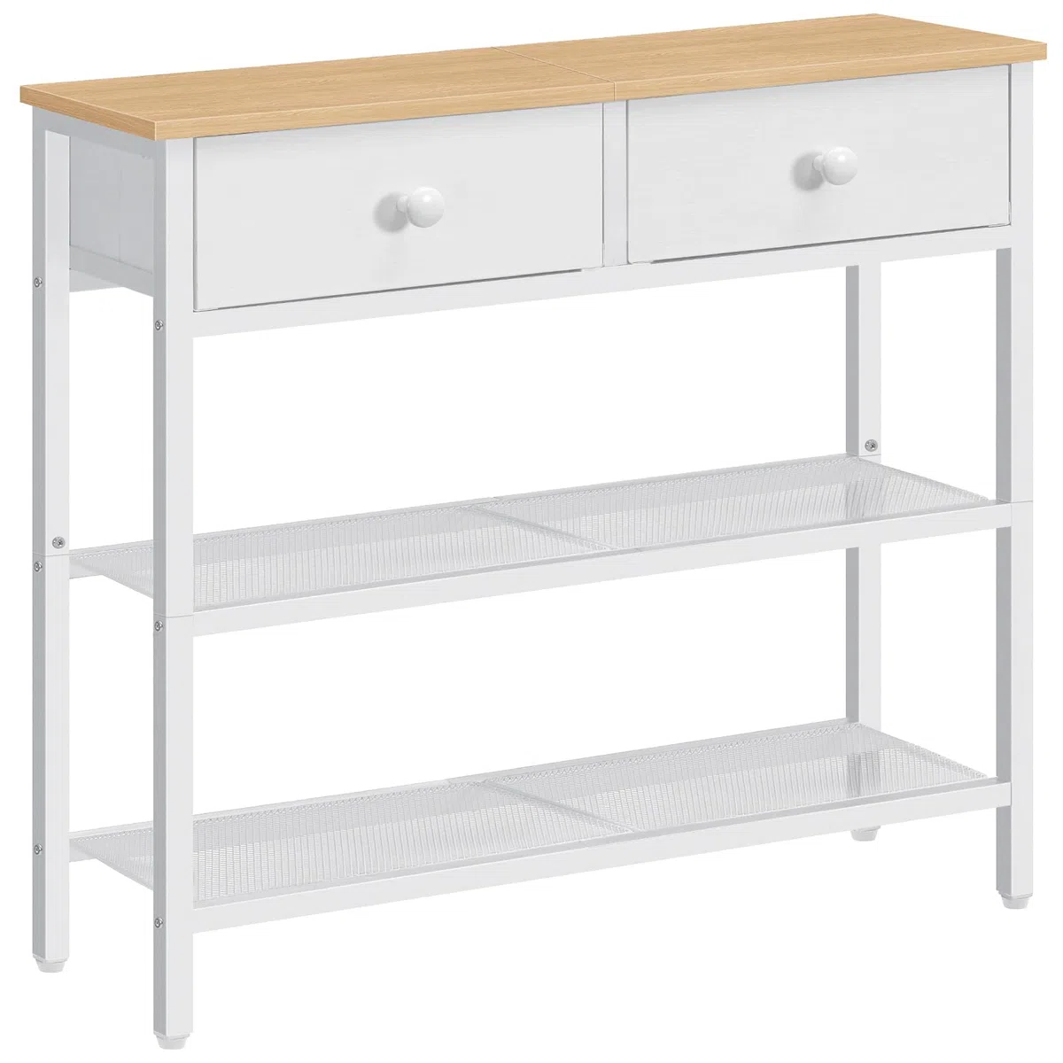 HOOBRO Mesa de Entrada de 75 cm de Largo, Mesa de Sofá de Estilo Industrial con Dos Cajones de Tejido no Textil, Consola con 3 Estantes, Dormitorio, Blanco y Color Madera Natural EWW72XG01G1