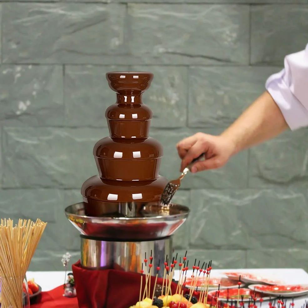 Fuente de Chocolate de Acero Inoxidable 4 Niveles, Fondue Eléctrica para Fiestas y Bodas, 170 W, 37 x 22 x 43 cm, Ideal para Celebraciones y Eventos Sociales