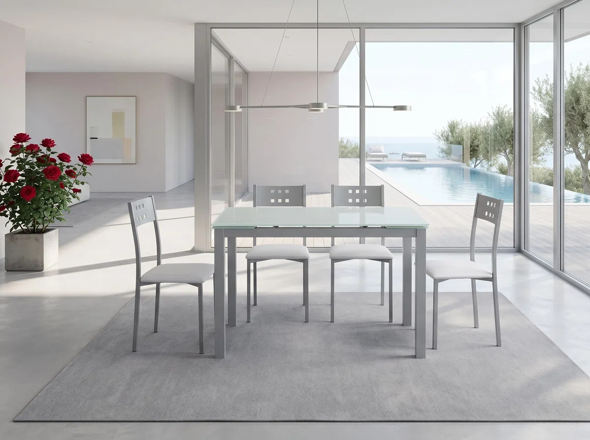 MOMMA HOME Mesa de Cocina o salón Extensible Moderna, CALCUTA, Color Blanco/Plata - Material Cristal Templado/Metal 100/140 x 60 x 76 cm