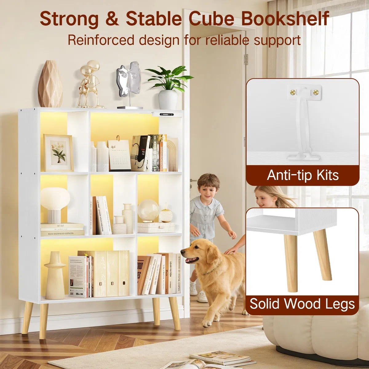 Estantería de 7 Cubos con Luces LED, Control Táctil y Remoto, Librería Moderna Independiente Regulable, Organizador de Madera para Salón, Dormitorio u Oficina