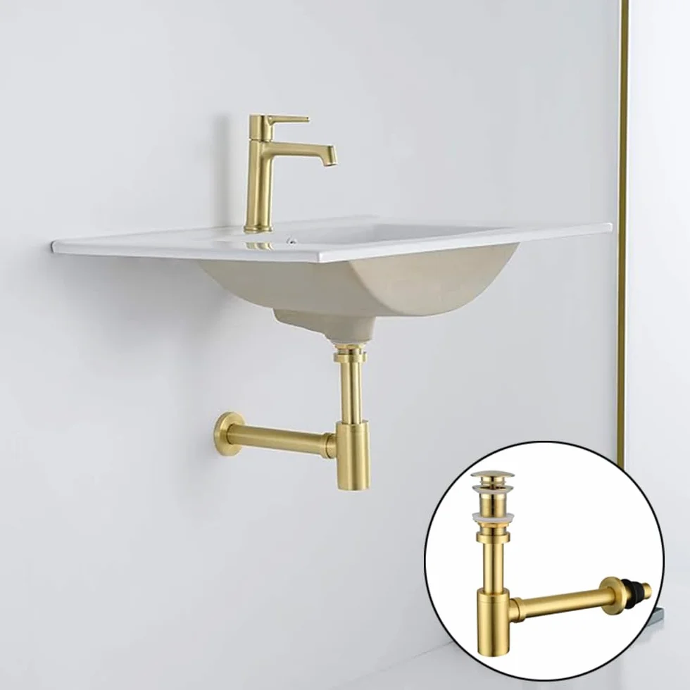 Juego completo de trampa para botellas, de acero inoxidable, para fregadero de baño, sin desbordamiento, para lavabo, cocina, baño, lavabo, color dorado cepillado