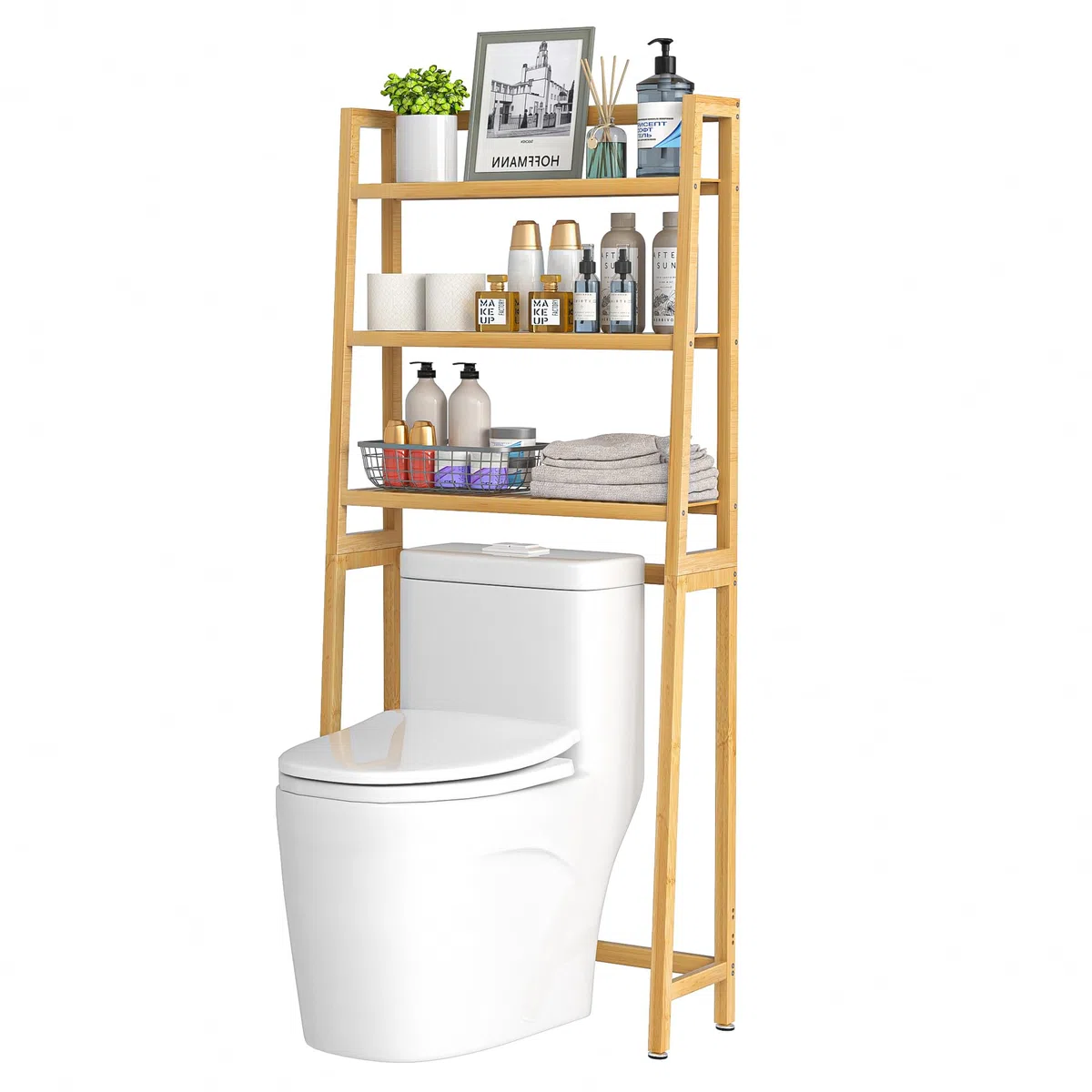VASMIA Estante de Almacenamiento para baño, Organizador de bambú sobre el Inodoro, Ahorro de Espacio para Inodoro Independiente con estantes Ajustables de 3 Niveles, Natural