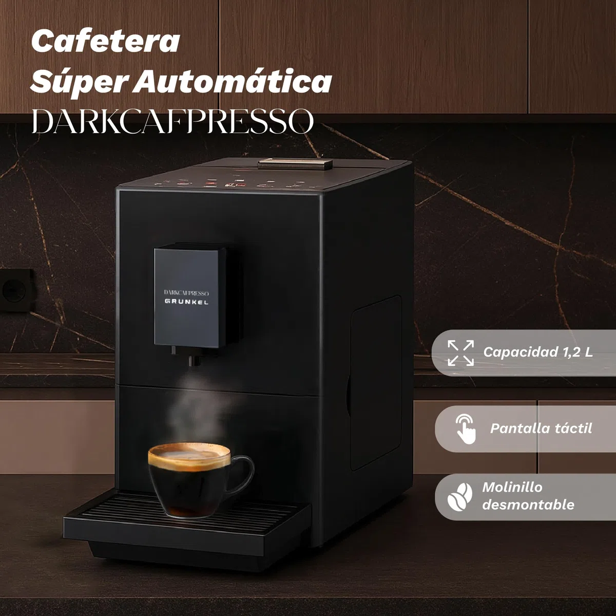 Grunkel DARKCAFPRESSO, Cafetera Súper Automática, 20 Bares, 1,2L, Molinillo Desmontable, Pantalla Táctil