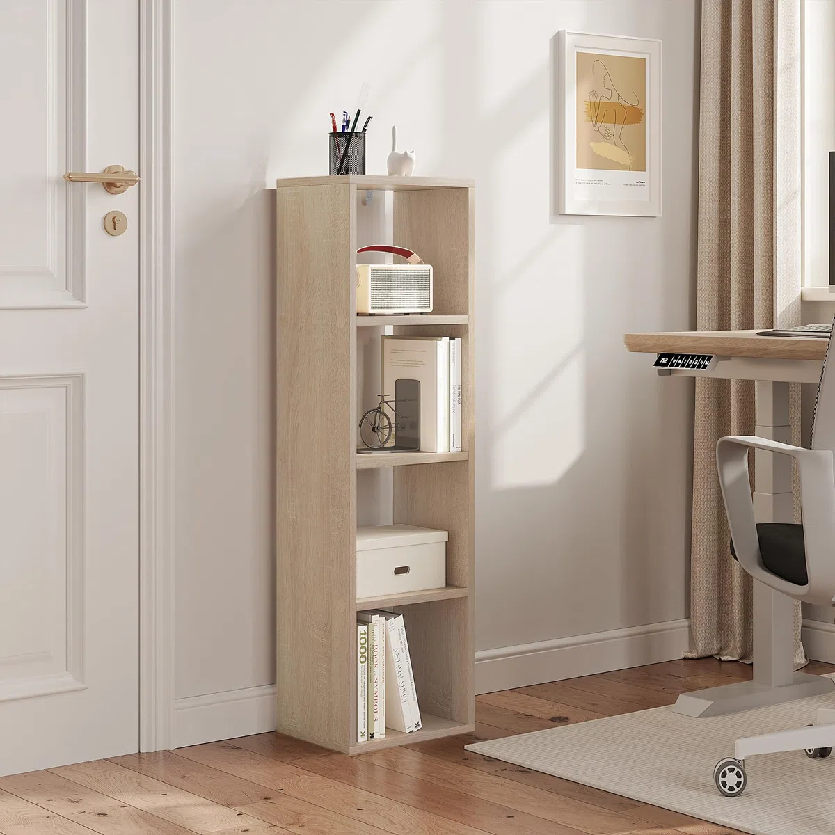 WOLTU Librería con 4 Niveles, Estantería de Cubos para Libros y Adornos, Estantería de Almacenamiento, Estantería Abierta Moderna para Salón, Estudio y Oficina, 30x23,5x106,5 cm, Roble Claro