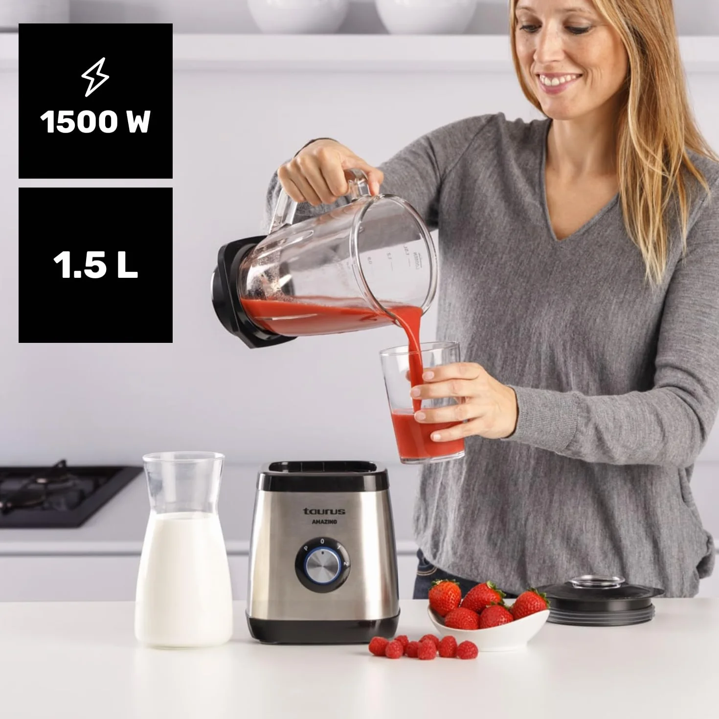 Taurus Amazing - Batidora de Vaso JB1502XC, 1500W, Jarra de Cristal 1.5L, 2 Velocidades + Turbo, 4 Cuchillas Inox, Pica Hielo, Seguridad Integrada, Apta Lavavajillas, Gris y Negro