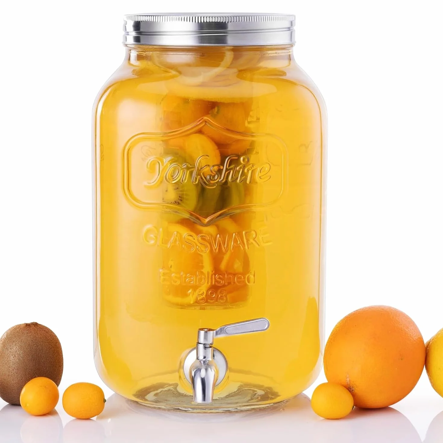 Navaris Dispensador de Bebidas con Grifo - Recipiente de Cristal de 8 L - Bidón de Vidrio con dosificador de Metal - Garrafa de Agua con Grifo
