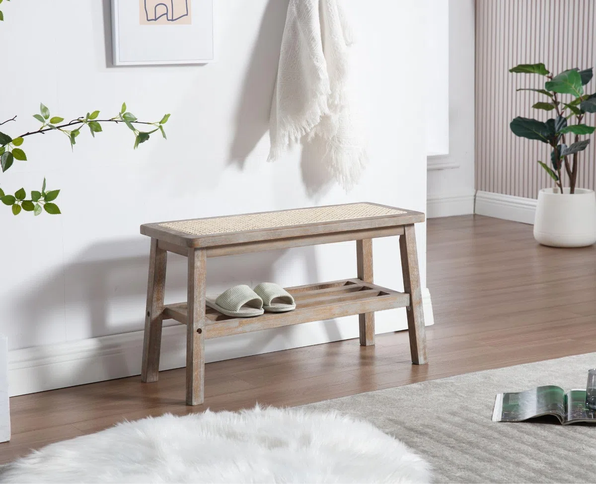 Wahson Banco de Entrada Recibidor Banco de Madera Interior Rústico,Banco Otomano de Vestidor Banco Zapatería de Puerta Banco de Rattán para Salón/Dormitorio,Beige