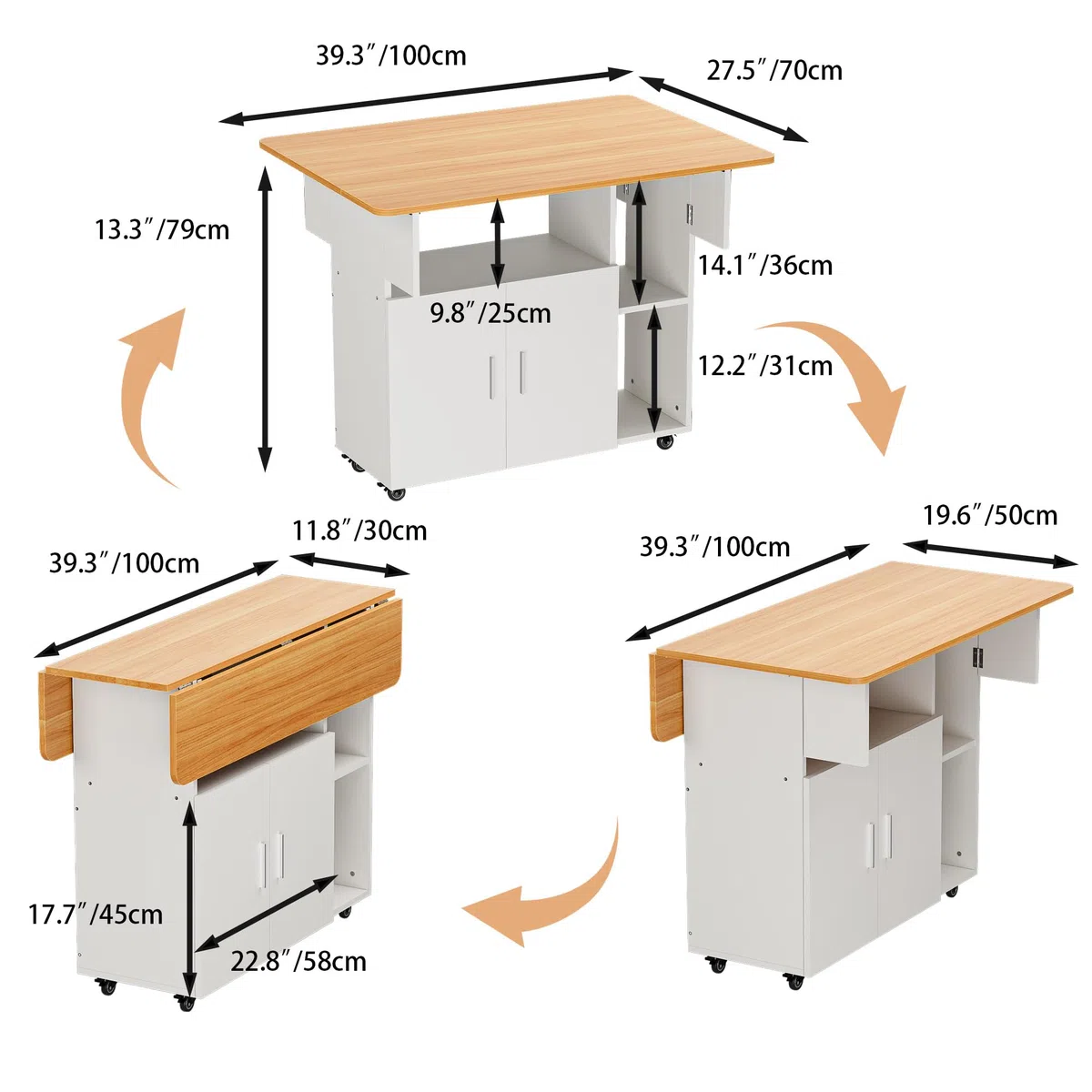 Mesa de Comedor Plegable Mesa de Cocina con Ruedas 1 Armario Grande y 3 Compartimento Abierto Aparador móvil Mesas para Espacios pequeños Comedor Cocina 100 x 70 x 79 cm Naranja y Blanco
