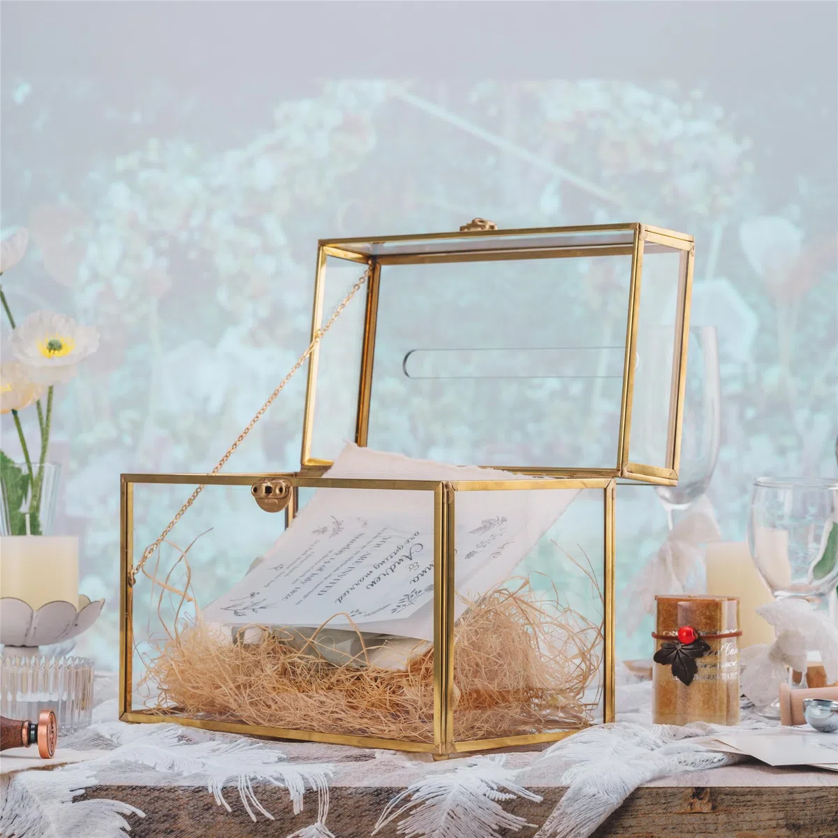 NCYP Caja de tarjetas de cristal de 25,4 cm Rectangular con forma de terrario, dorado con pie para recepción de boda, recuerdo de, centro de fiesta recipiente (solo caja de vidrio)