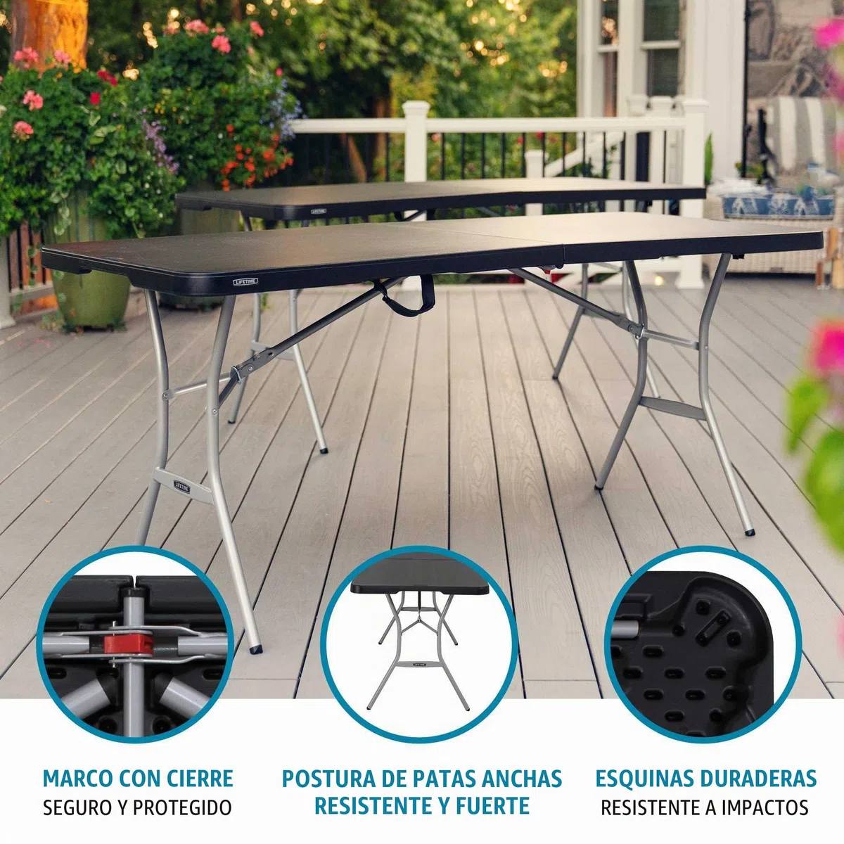 LIFETIME Mesa Rectangular Plegable 183x76x73 cm, Tablero de Polietileno HDPE Negro, Estructura de Acero, Bloqueo de Seguridad, Resistente a la Intemperie y Golpes, Uso Interior y Exterior (92126)