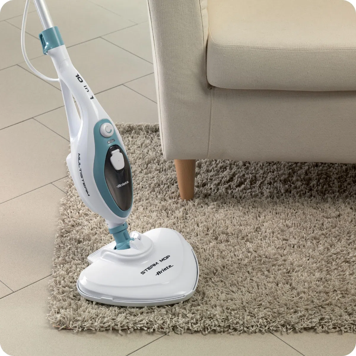 Ariete 4164, Steam mop 10 en 1, mopa a vapor, 1500 w, autonomía ilimitada, depósito 350 ml, altura regulable, mango extraíble, cabezal pivotante, color blanco azul
