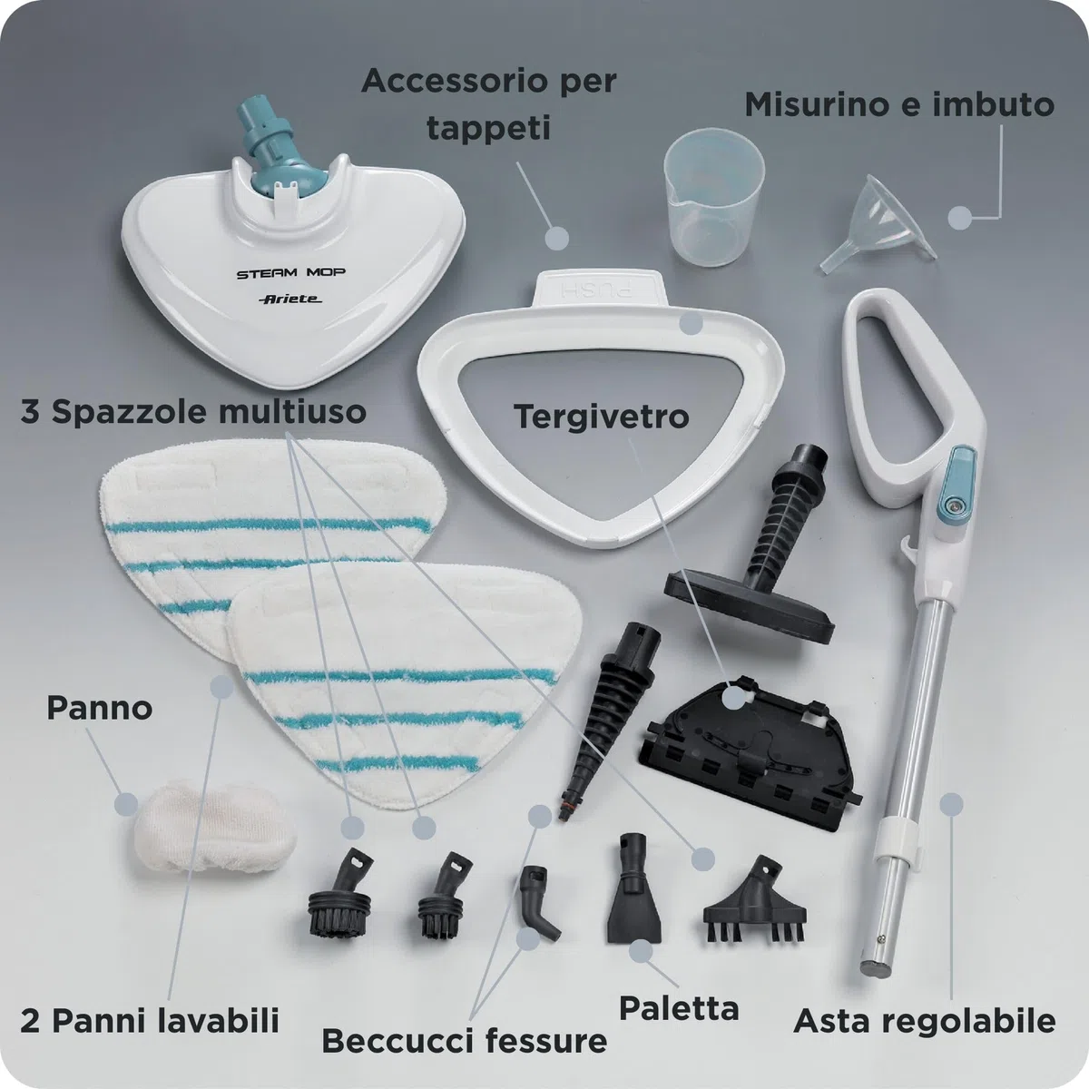 Ariete 4164, Steam mop 10 en 1, mopa a vapor, 1500 w, autonomía ilimitada, depósito 350 ml, altura regulable, mango extraíble, cabezal pivotante, color blanco azul