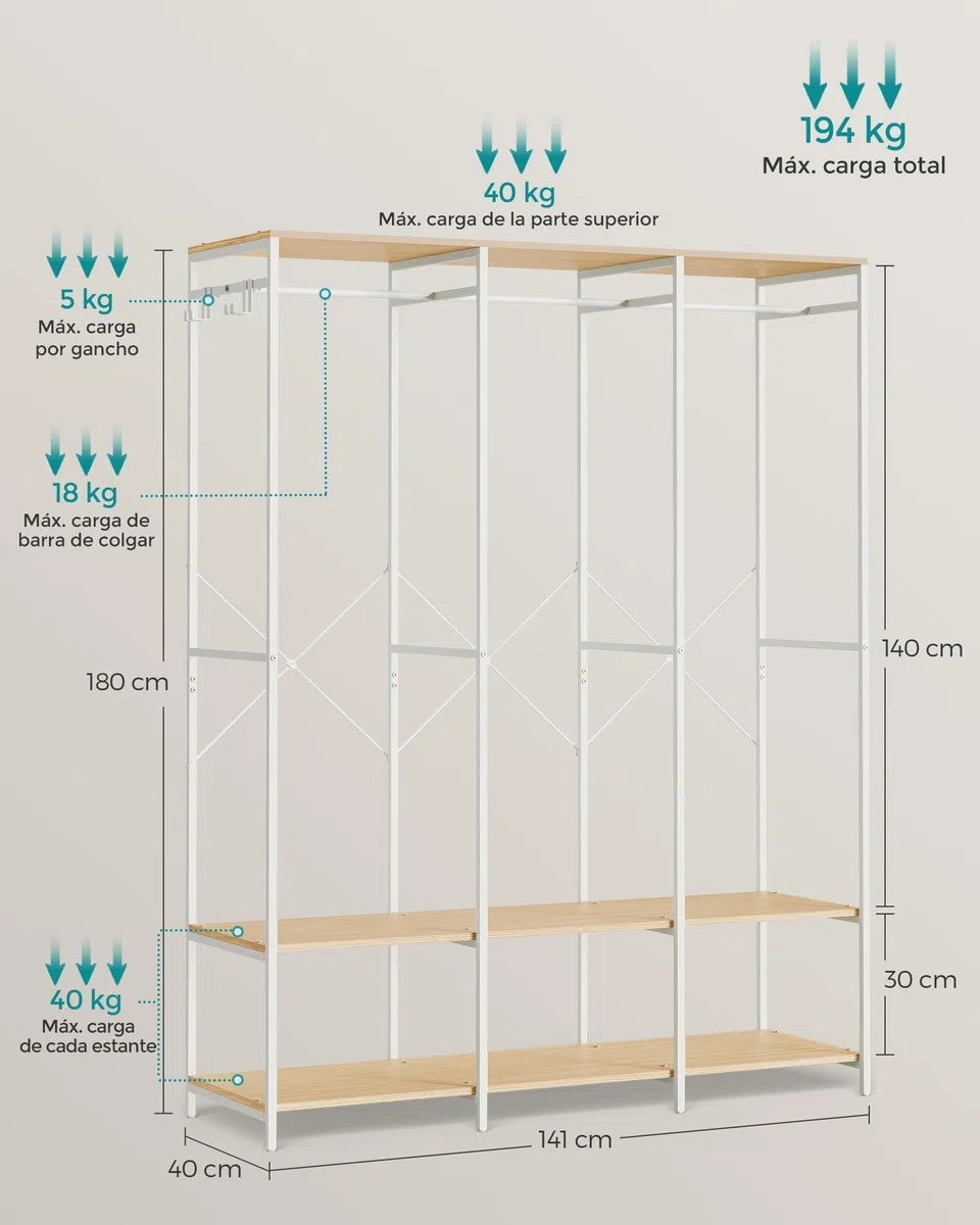 SONGMICS Armario de Ropa Portátil, Armario Plegable, Perchero, Organizador Armario, con Barras de Colgar, Estantes de Almacenamiento, Ganchos Extraíbles, 40 x 141 x 180 cm, Beige Natural RGR005W67