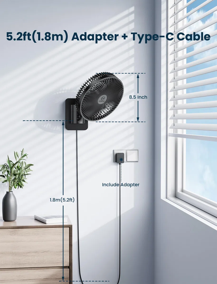 Ventilador de oscilación silencioso montado en la pared de 8.5 pulgadas con control remoto y temporizador, 4 velocidades ajustables para baños pequeños, refrigeración de dormitorio interior para RV