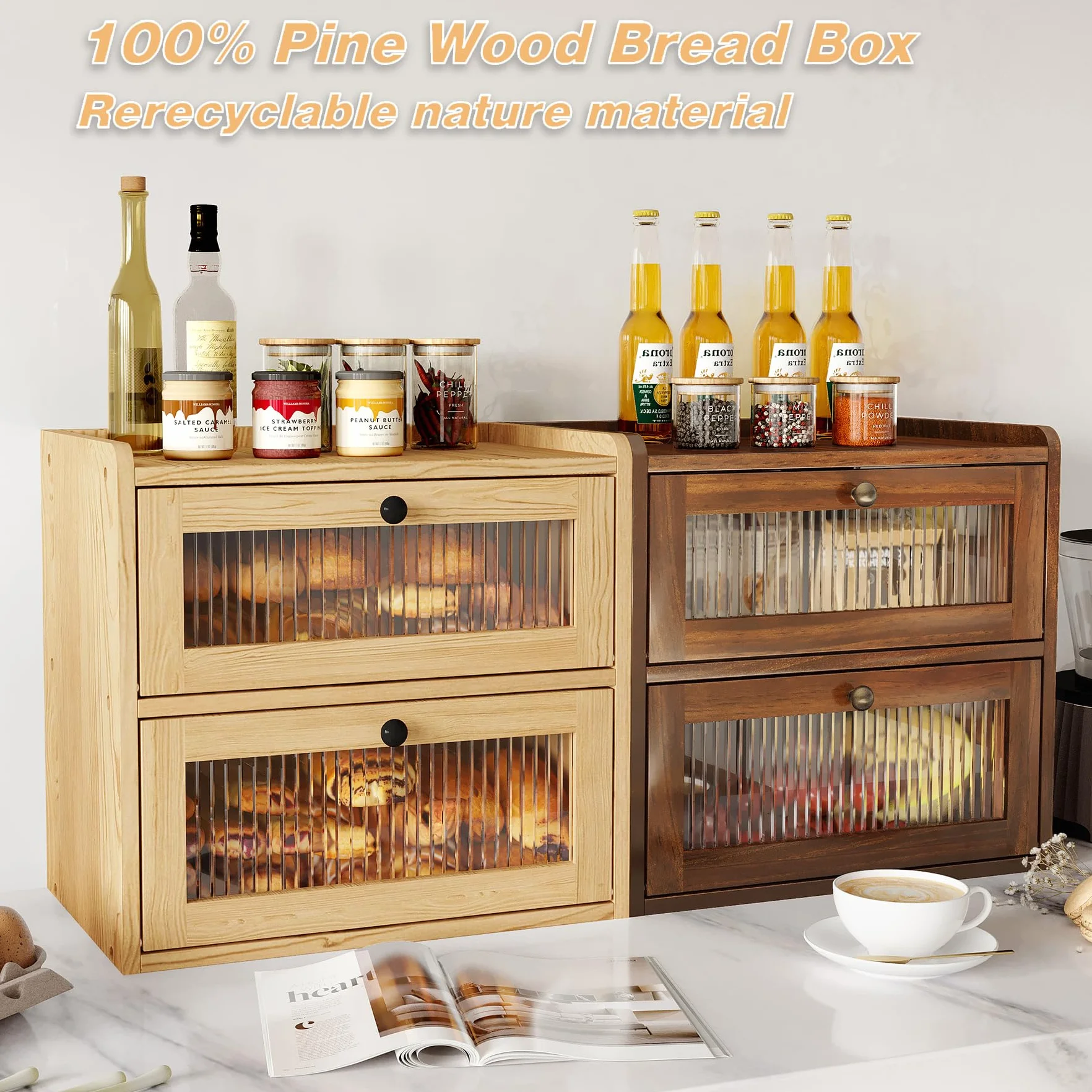 Alpeir Panera grande de doble capa para encimera de cocina, contenedor de almacenamiento de pan de esquina de madera con ventana acrílica, marrón retro