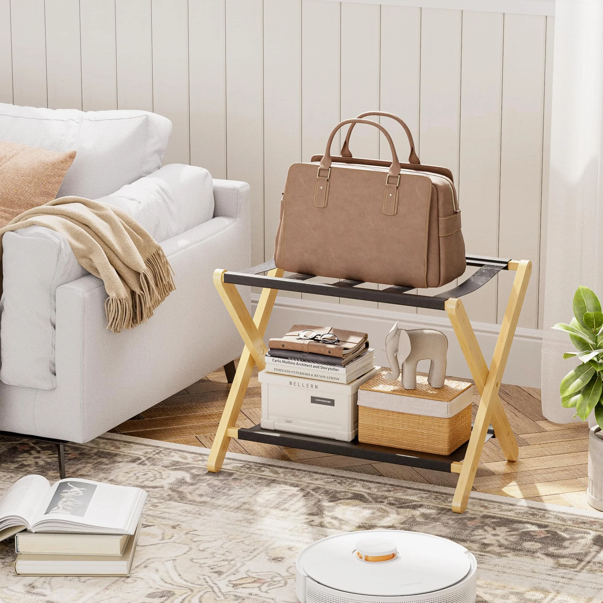 Portaequipaje, Soporte plegable para maletas con estante de almacenamiento, Portaequipaje de bambú premium para habitación de invitados, dormitorio, hotel, Soporta hasta 61 kg (Natural)