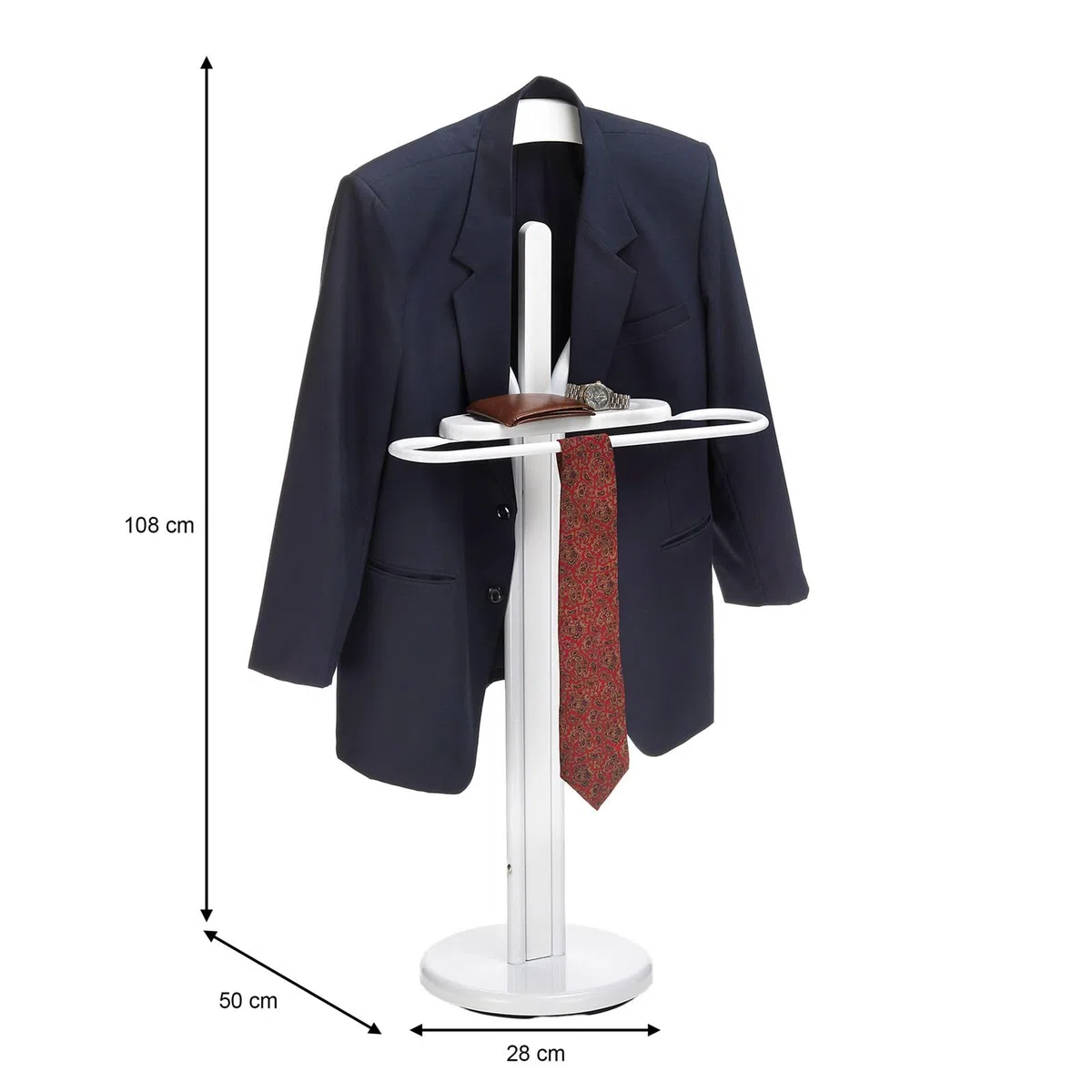 IDIMEX Mateo - Caballete de metal y MDF en color blanco y blanco, con bandeja y plancha, práctico almacenaje y organizador de ropa para trajes y camisas