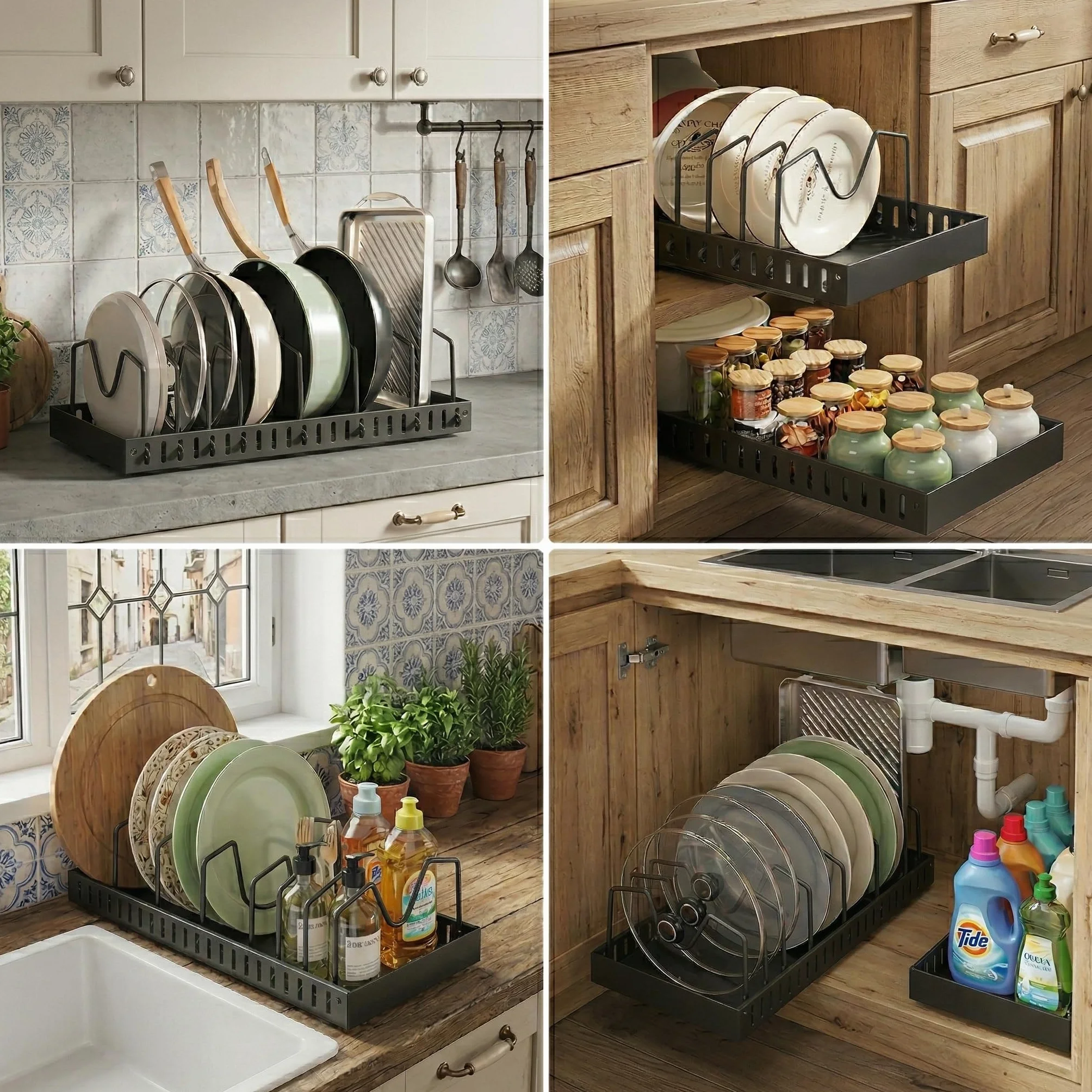 2 Piezas Organizador Cocina Ollas y Sartenes, Deslizante Organizador Tapas Ollas con 8 Compartimentos Ajustable，Organizador Sartenes y Ollas Cajon，Soporte Sartenes，Negro