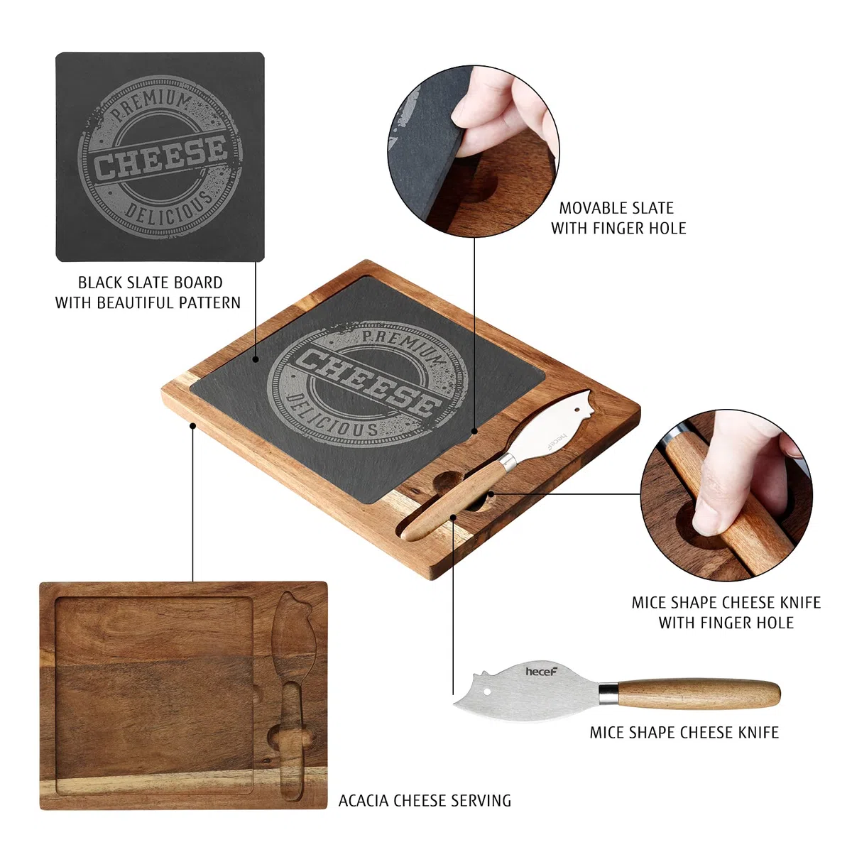 hecef Juego de Tabla de Queso de Madera Acacia con Tabla Negra y Cuchillo para Queso, Placa de Madera y Bandeja para Servir Queso, Galletas y Carne