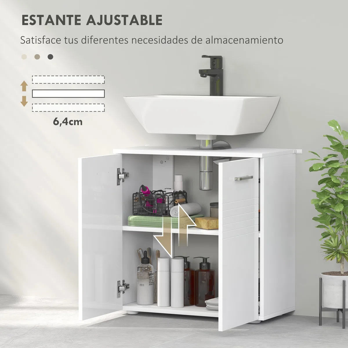 kleankin Mueble para Debajo del Lavabo Armario de Baño de Pared con 2 Puertas y Estante Interior Ajustable Estilo Moderno 60x30x62,5 cm Blanco