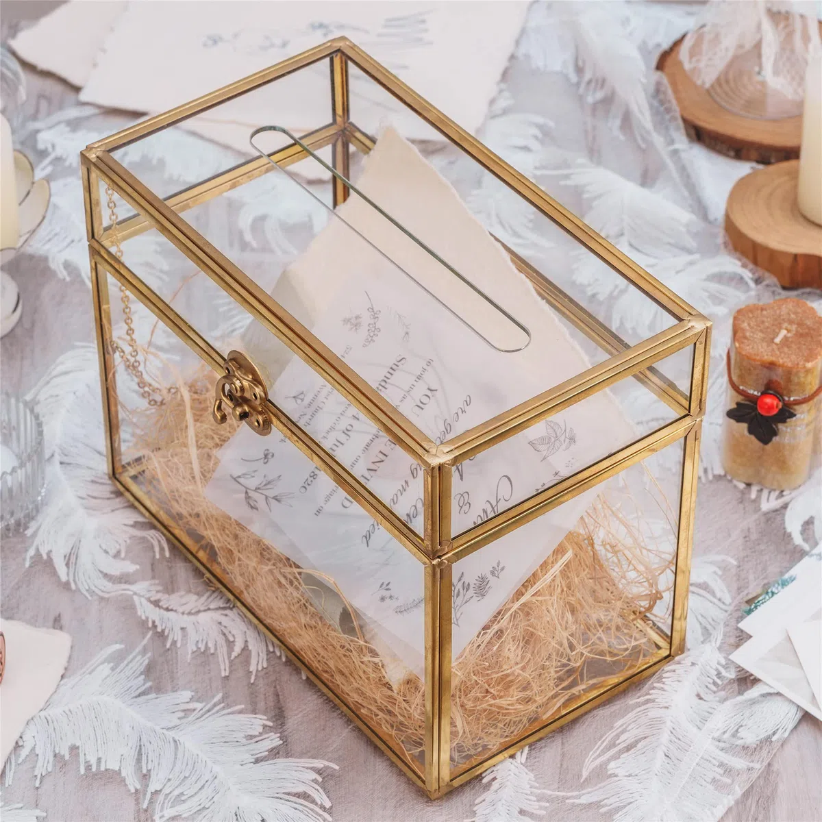 NCYP Caja de tarjetas de cristal de 25,4 cm Rectangular con forma de terrario, dorado con pie para recepción de boda, recuerdo de, centro de fiesta recipiente (solo caja de vidrio)