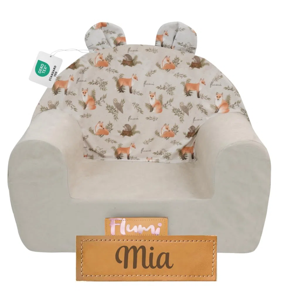 Flumi Sillón Infantil Personalizado para Niños y Bebés - Asiento para Sala de Juegos con Nombre Grabado (Gris Claro + Lino)