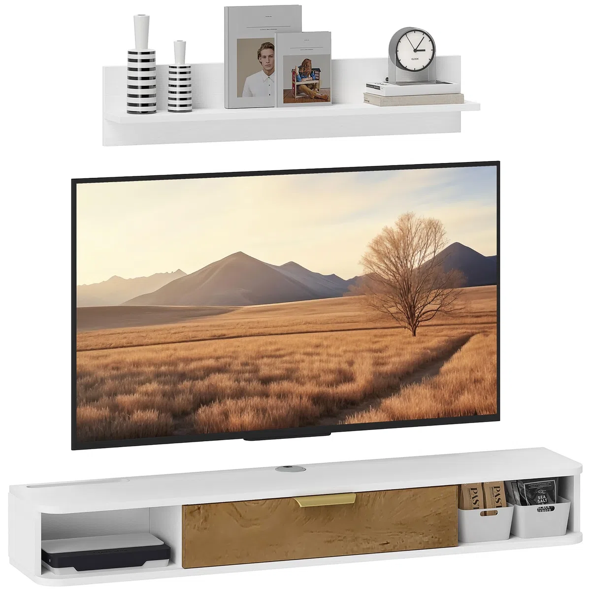 HOMCOM Conjunto de Muebles de Salón, Muebles de TV con Estante de Pared, Puerta, Estantes Abiertos, Orificios para Cables, para Televisión de Pared, 120x24x16 cm, Blanco