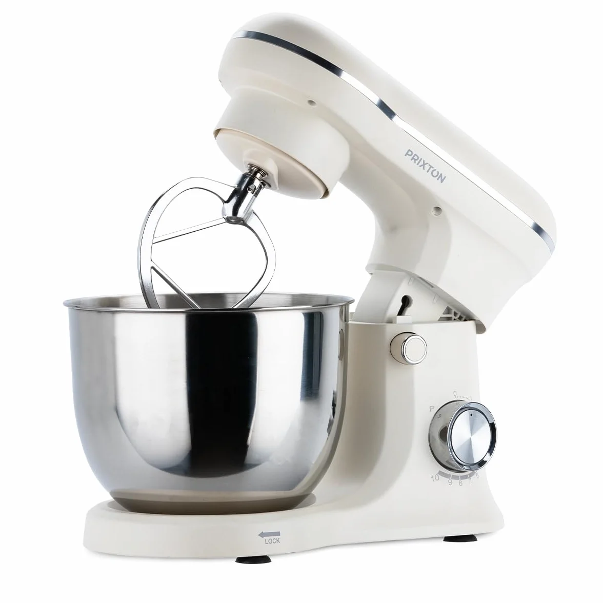 PRIXTON Batidora Amasadora KR250 para Repostería, Potencia 1500W, 10 Velocidades, Bol Acero Inoxidable de 5 litros, 3 accesorios, Tapa Transparente, Color Blanco Crema Mate (Reacondicionado)