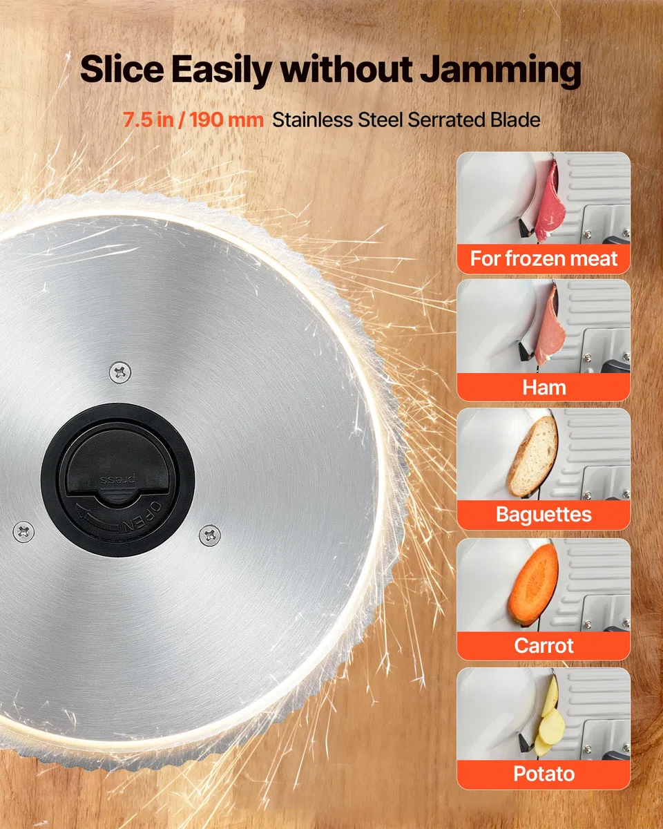VEVOR Cortafiambres Eléctrico 200 W, Cortadora de Fiambre con Cuchilla Afilada de 190 mm, Velocidad de Corte de 70 a 100 RPM, Grosor Ajustable de 0 a 15 mm, para Carne Congelada, Jamón, Baguette