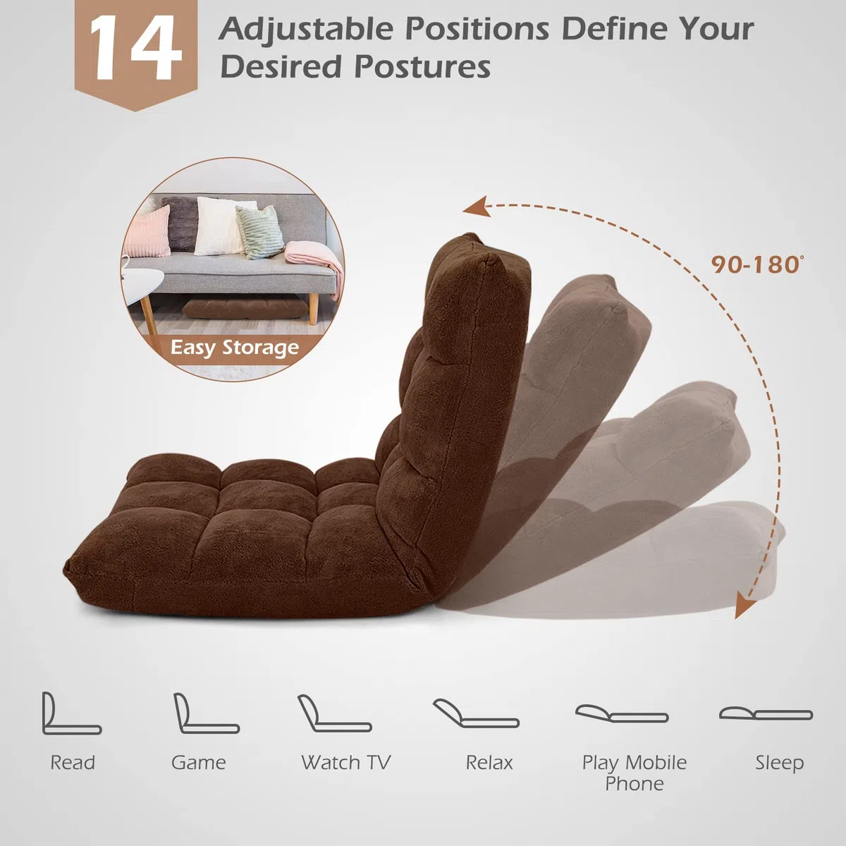 HOMASIS Silla de Suelo con Respaldo Ajustable en 14 ángulos, Silla Plegable de Pana, sillón tapizado para Leer, meditar, cojín de Suelo, 15 cm de Grosor (Café)