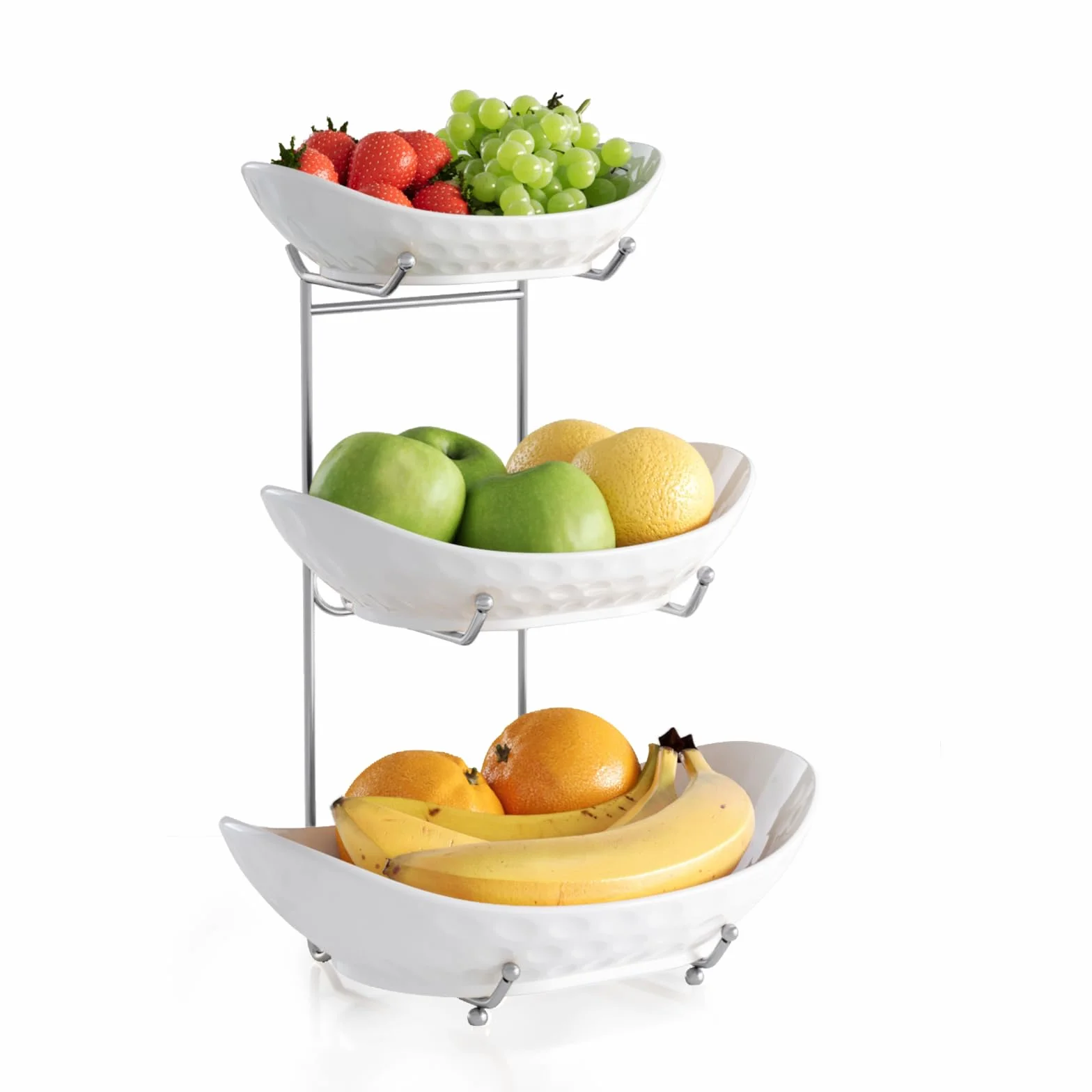 Cuenco de frutas, cesta de cerámica de 3 niveles, soporte para servir de 3 niveles con estante de metal, cuencos de cocina de porcelana para frutas, verduras, aperitivos, nueces, postres,