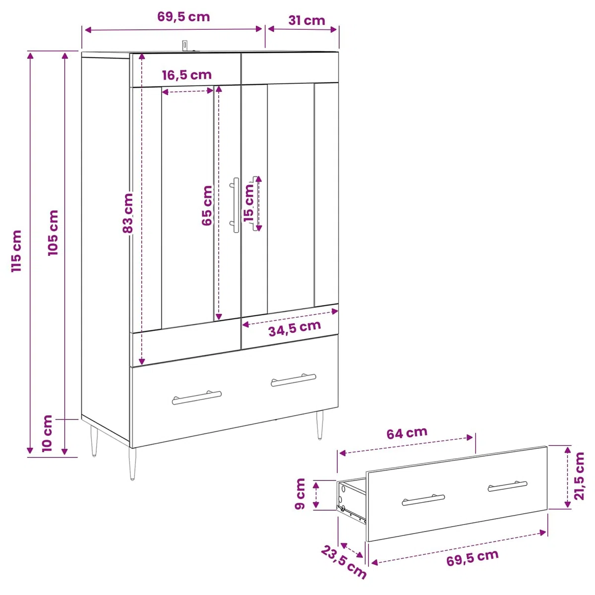 vidaXL Alacena con cajón Roble Artesanal 69,5 x 31 x 115 cm, Aparador Moderno, Armario Rectangular, con Puertas de Vidrio, ¡Organiza tu Sala fácil y con Estilo