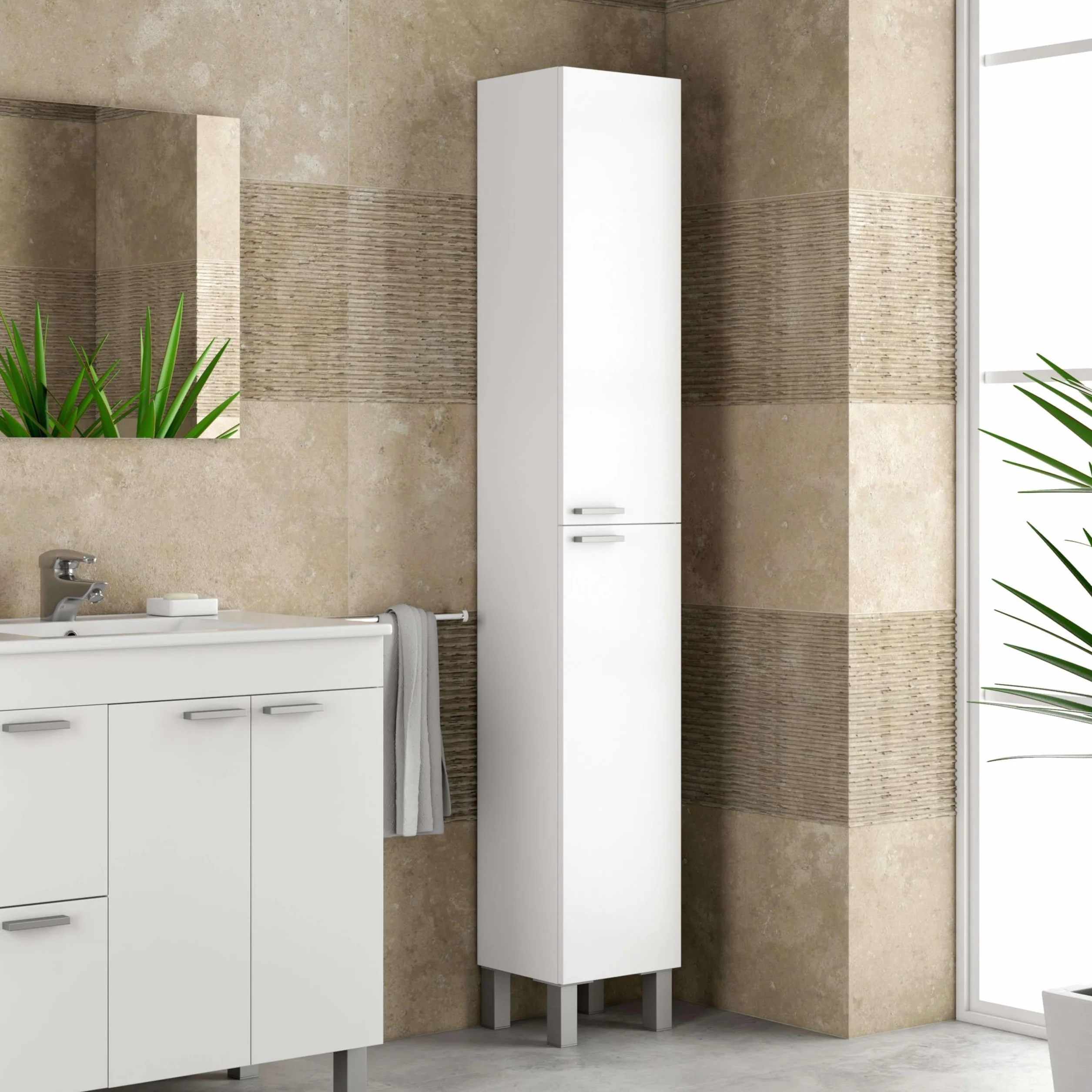 ARKITMOBEL– Columna de Baño Alta con 2 Puertas y 4 Patas, Mueble Auxiliar de Baño, Color Blanco Brillo, 30x182x25 cm – Modelo Koncept