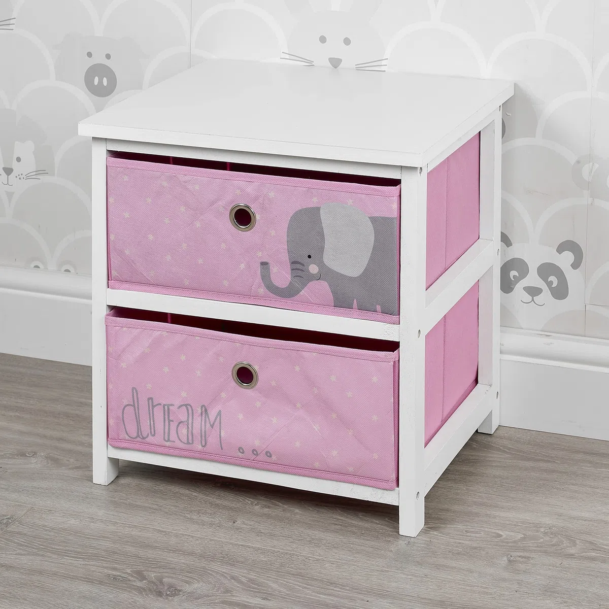 Mesita de noche de madera MDF con 2 cajones para niños, niñas y niños, mueble de dormitorio (elefante rosa)