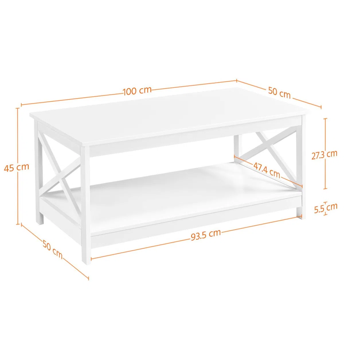 Yaheetech Mesa de Centro Moderna con Estructura en X Mesa de Café con Doble Nivel de Almacenamiento 100x50x45cm Ideal para Libros Revistas Blanco