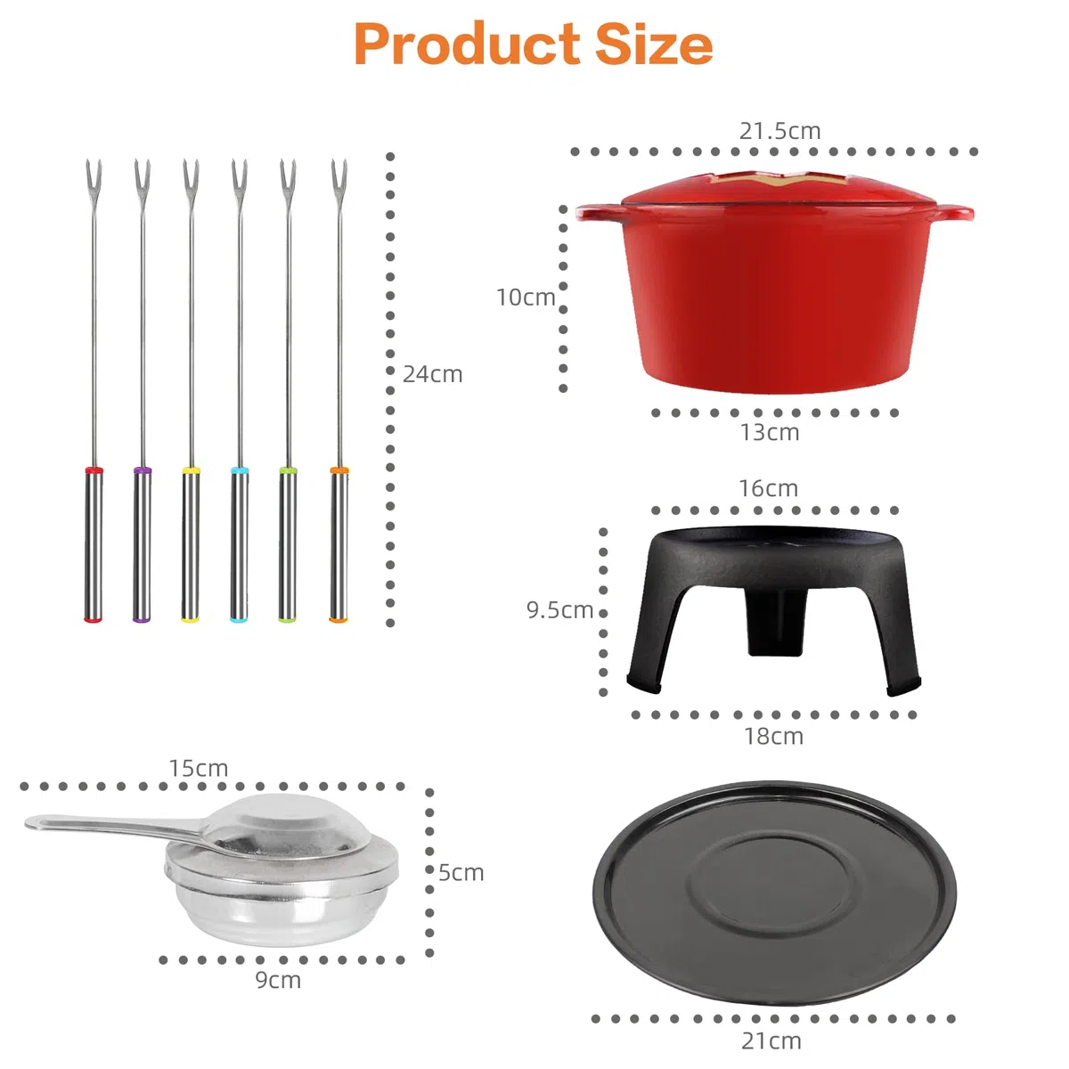 Todeco - Juego de Fondue de Hierro Fundido, Maquina para Hacer Fondue - Material: Hierro fundido - Tamaño: 27,5 x 21 x 21 cm - Rojo