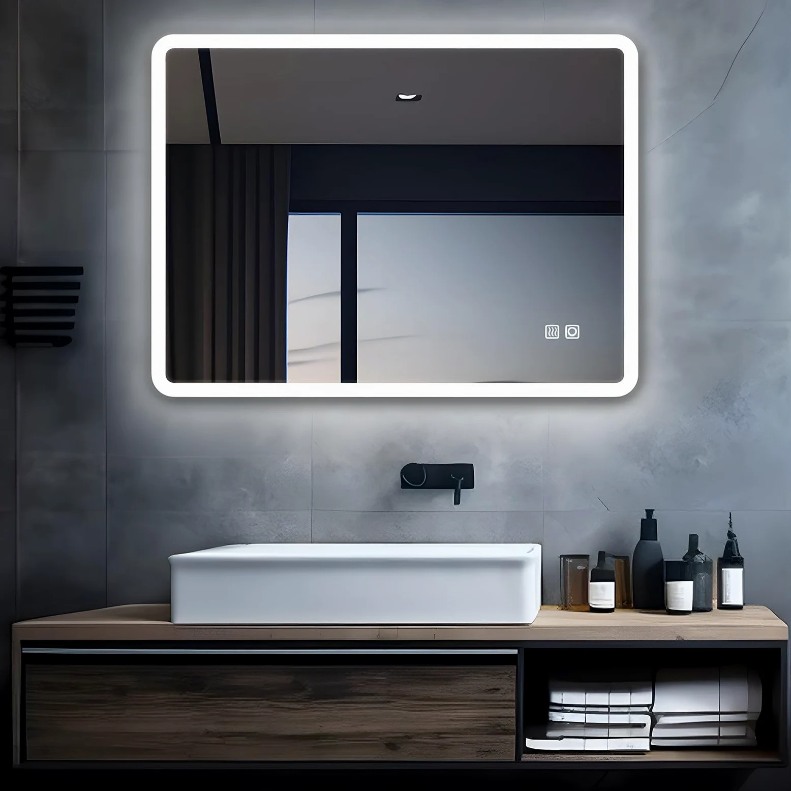 MIQU Espejo de baño LED con iluminación, 60 x 50 cm, Espejo Grande con táctil, Regulable, luz cálida/Blanca, sin vaho, Espejo de para baño, Inodoro, Pasillo,Esquinas