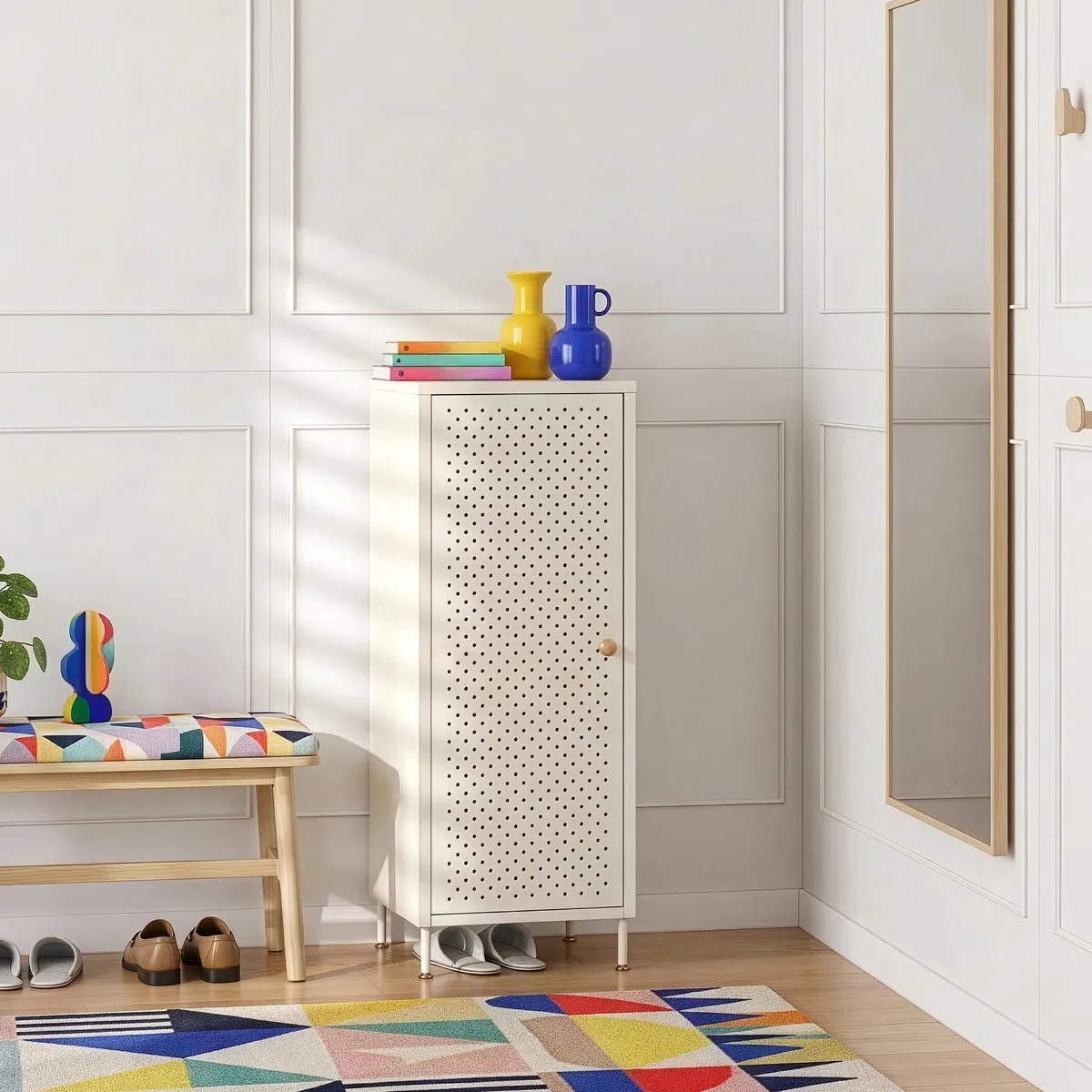 [en.casa] Zapatero Coleraine Armario con 3 Estantes Rebulables en Altura y 1 Puerta Batiente Mueble Zapatero Organizador para Zapatos Multiusos Acero 115 x 43 x 35 cm - Blanco Crema